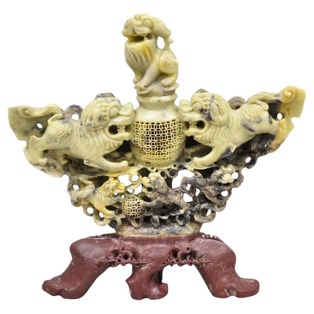 Vintage Chinese Carved Soapstone Foo Dog Figural Incense Burner Sculpture