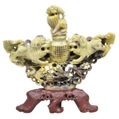 Vintage Chinese Carved Soapstone Foo Dog Figural Incense Burner Sculpture