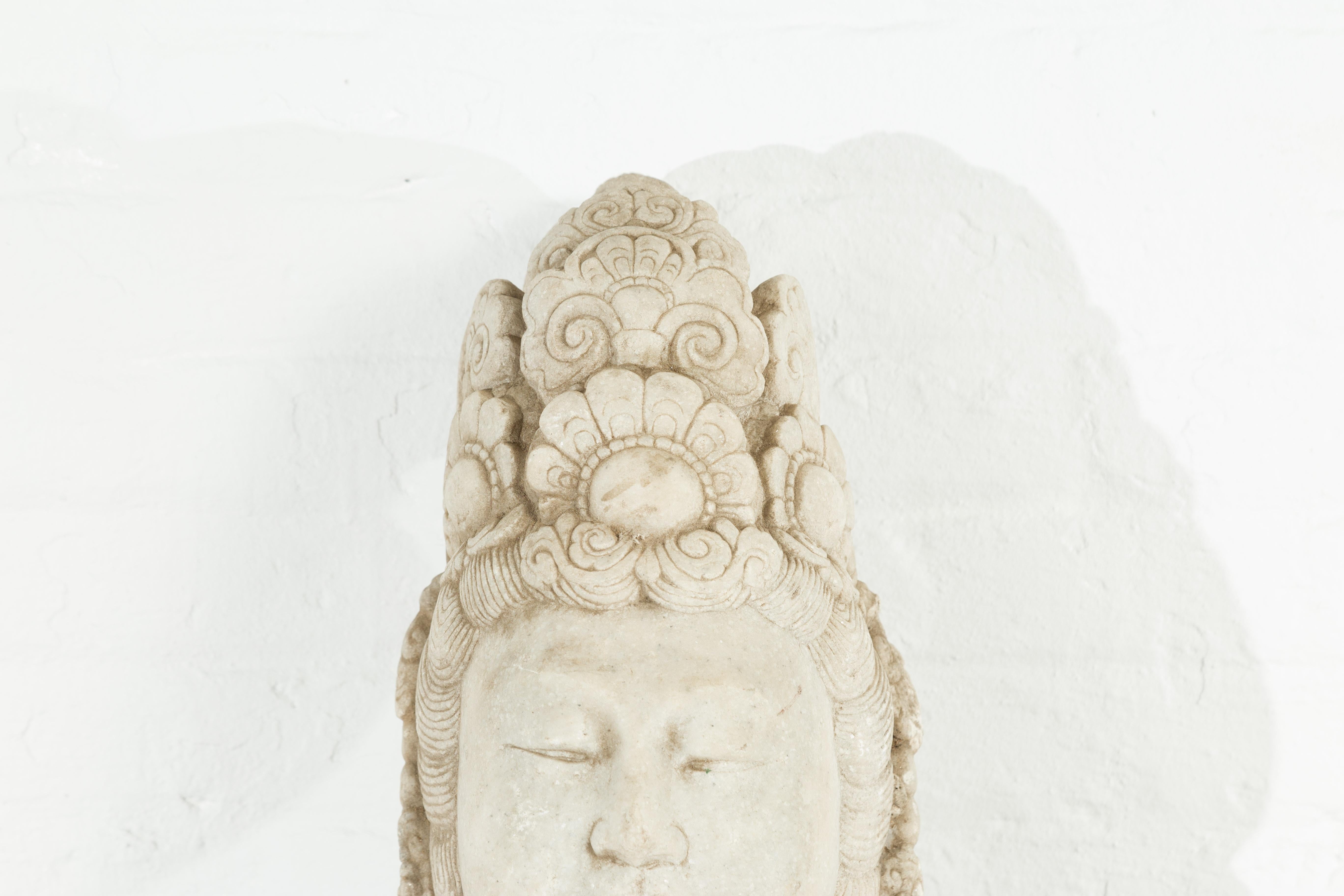 Vintage Chinese Carved Stone Bust of Guanyin the Bodhisattva of Compassion In Good Condition For Sale In Yonkers, NY