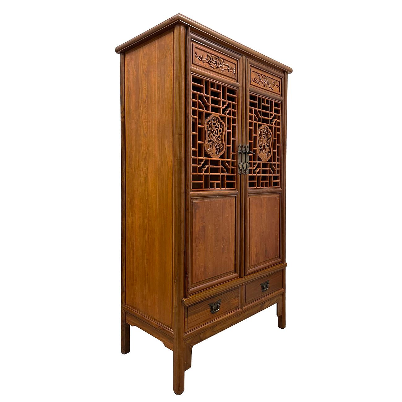 Size: 70in H x 40.5in W x 21.5in D
?Door opening: 50in H x 34in W?
Drawer: 4.75in H x 16in W x 18in D
Origin: China
Circa: 1900 - 1940
Material: Elm wood
Condition: Solid wood construction, hand carved, well balanced. normal age