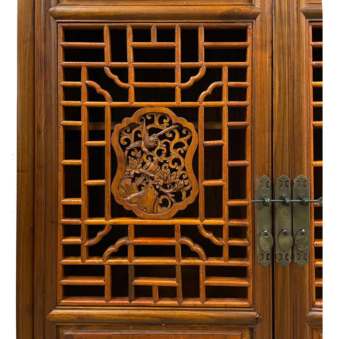 Elm Vintage Chinese Carved Wooden Cabinet, Armoire, Wardrobe