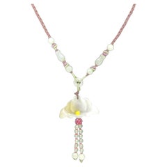 Vintage Chinese Carved Yellow Jadeite Butterfly Pendant Beaded Necklace 18"-23"