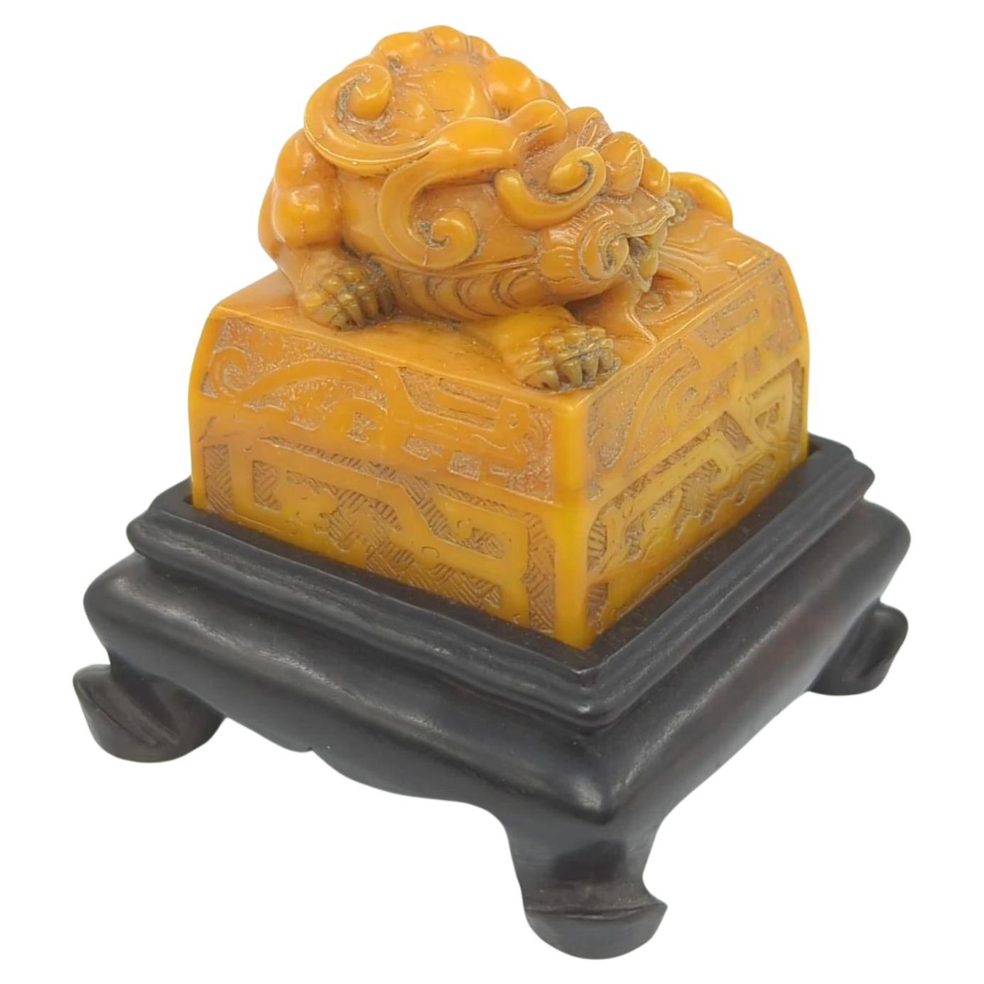 20th Century Vintage Chinese Finely Carved Yellow Pixiu Archaic Dragon Seal w/Stand 20th Cent For Sale