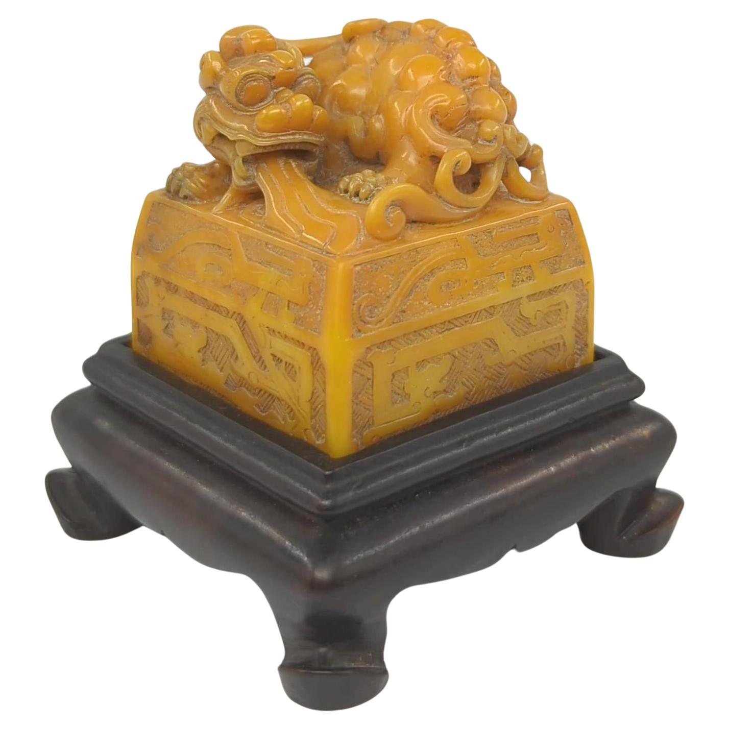 Vintage Chinese Finely Carved Yellow Pixiu Archaic Dragon Seal w/Stand 20th Cent For Sale