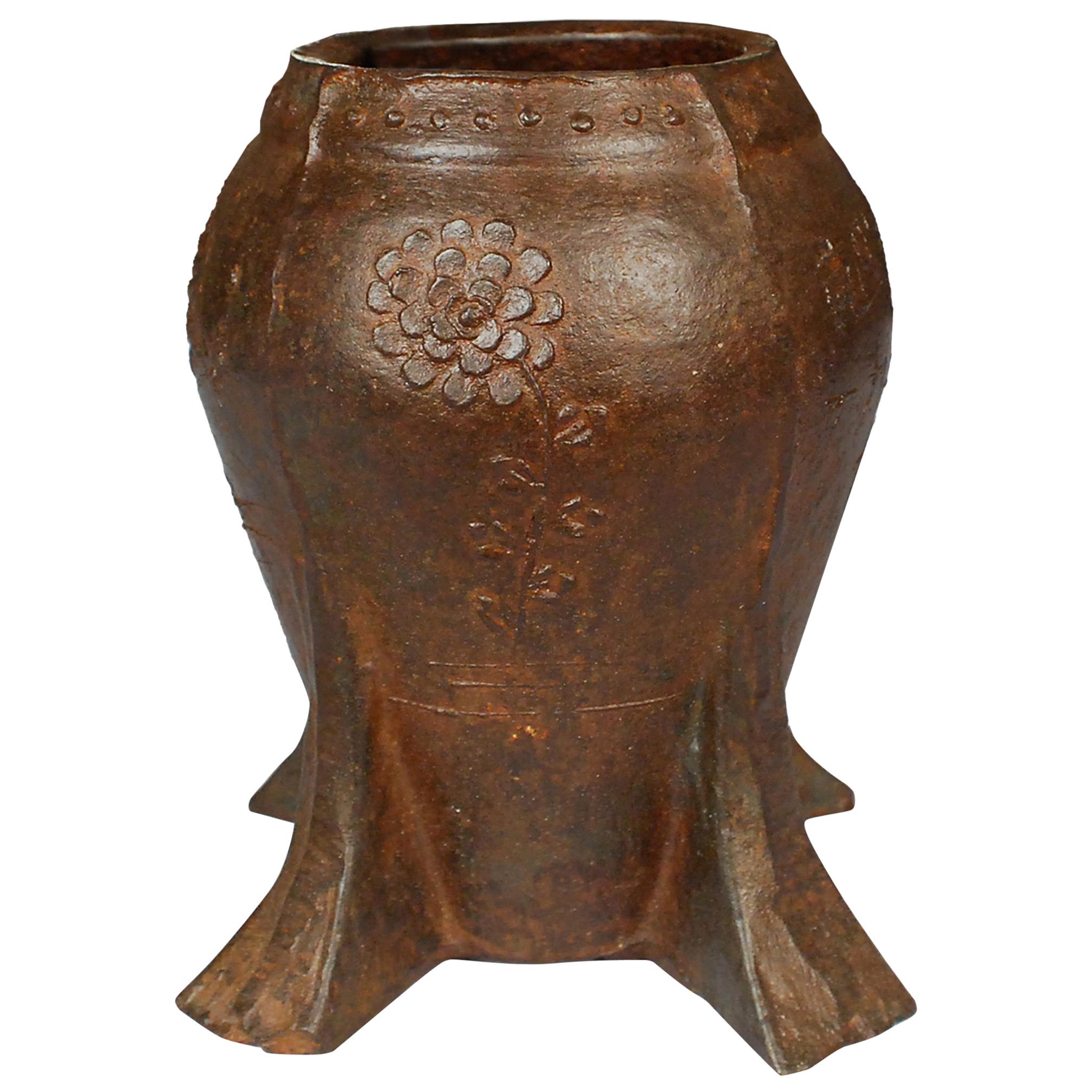 Vintage Chinese Cast Iron Chrysanthemum Mortar For Sale