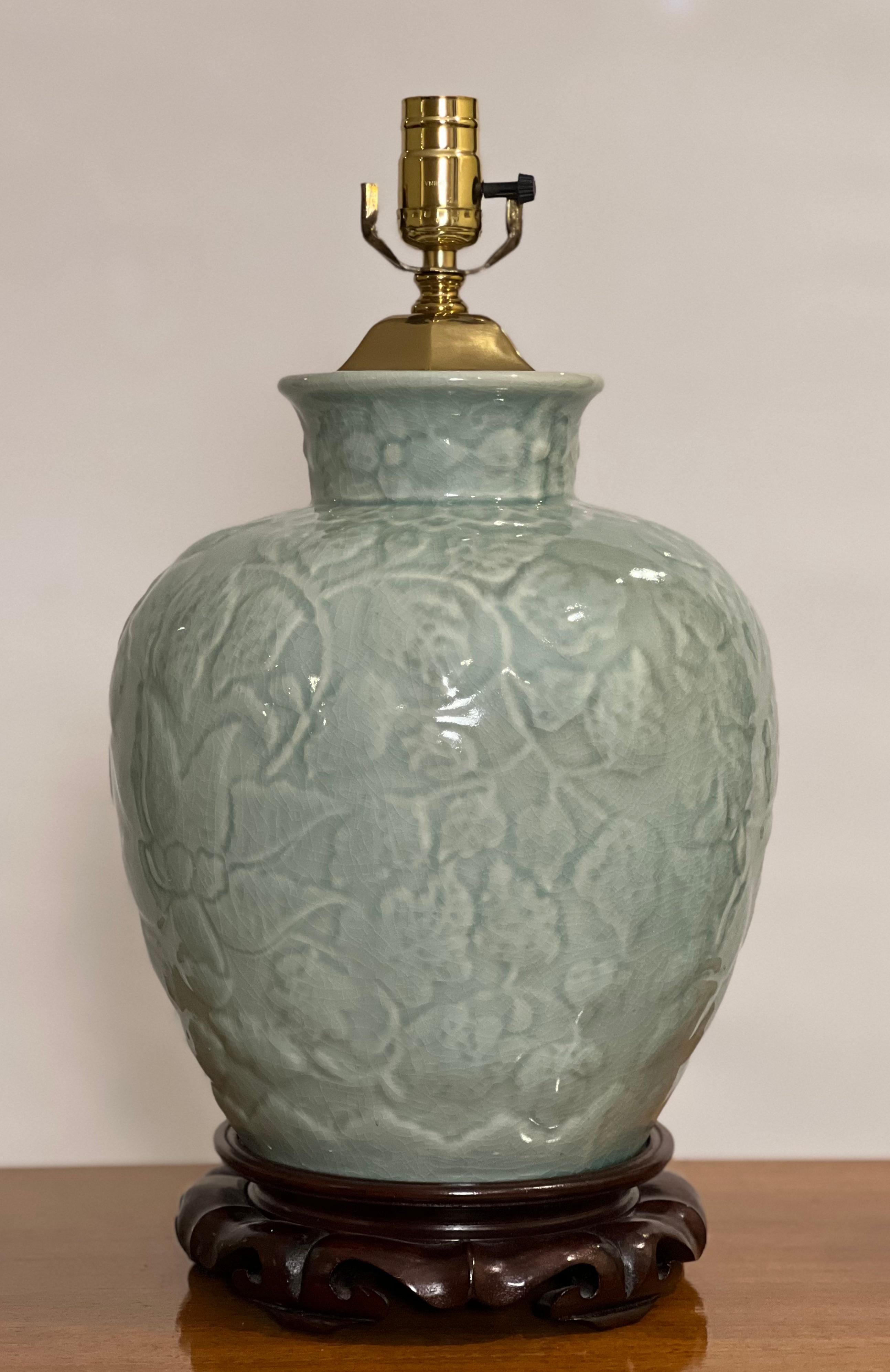 Vintage Chinese Celadon Ginger Jar Style Crackle Glazed Lamps, Pair 3