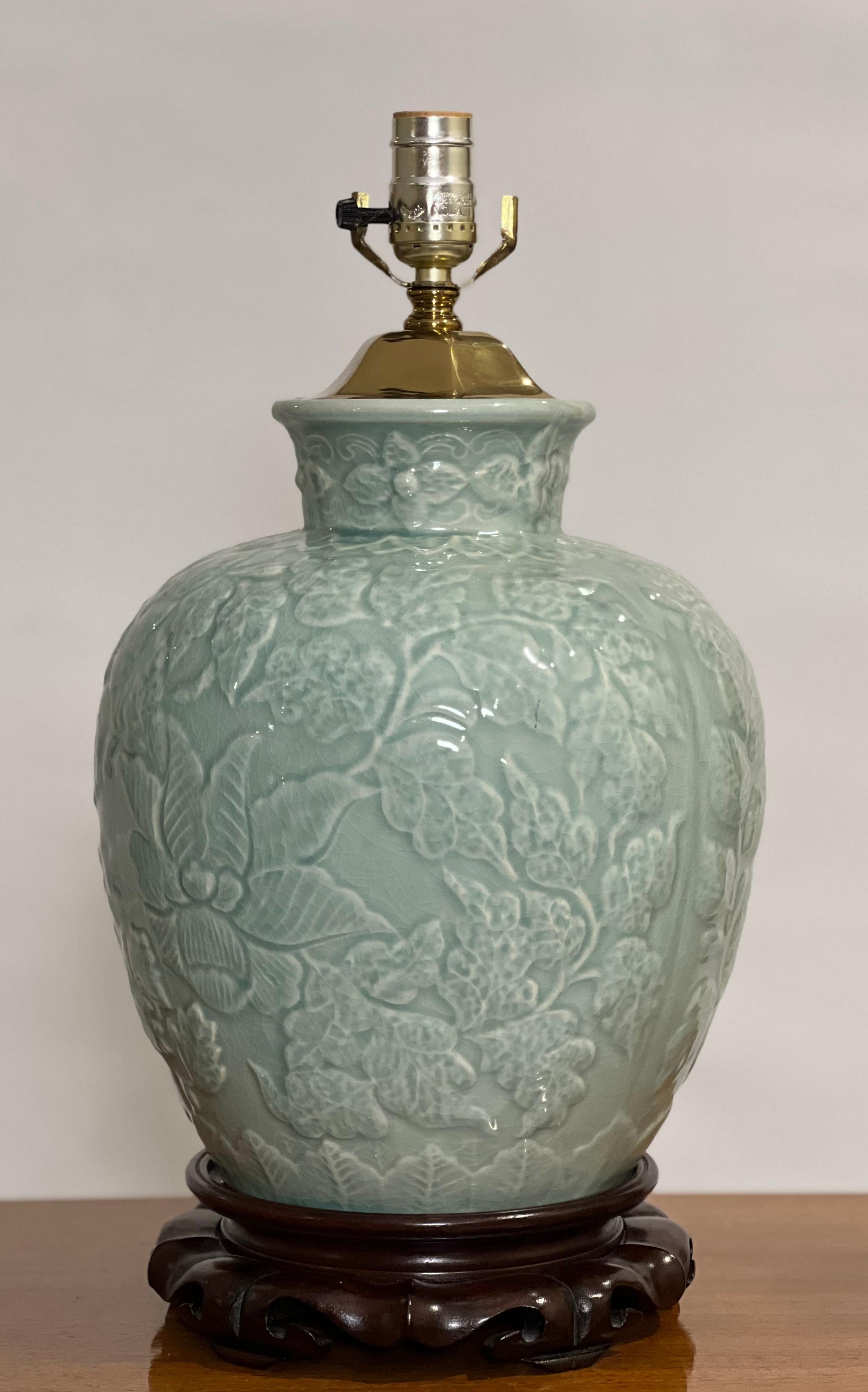 Vintage Chinese Celadon Ginger Jar Style Crackle Glazed Lamps, Pair 4