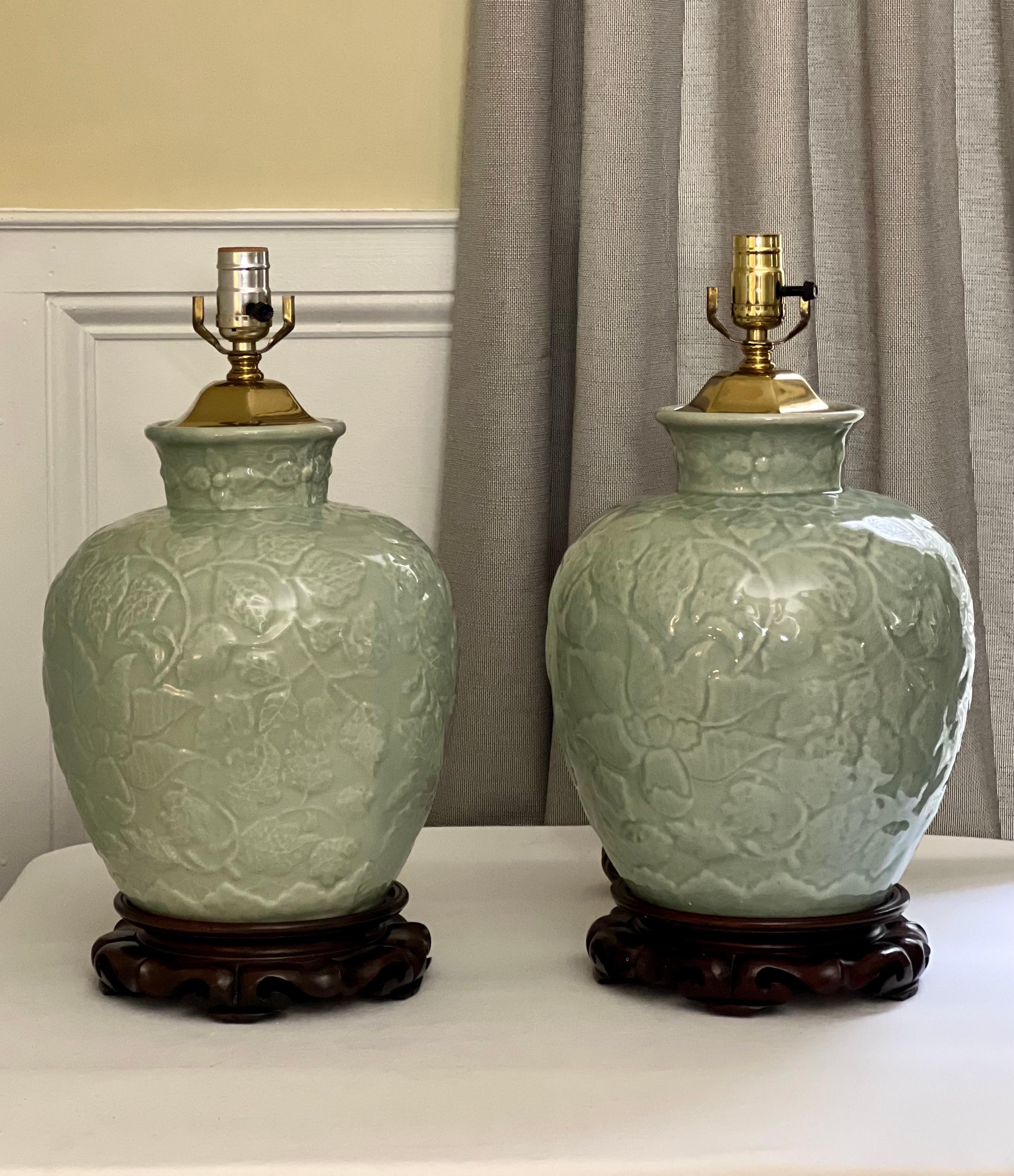 Vintage Chinese Celadon Ginger Jar Style Crackle Glazed Lamps, Pair 5