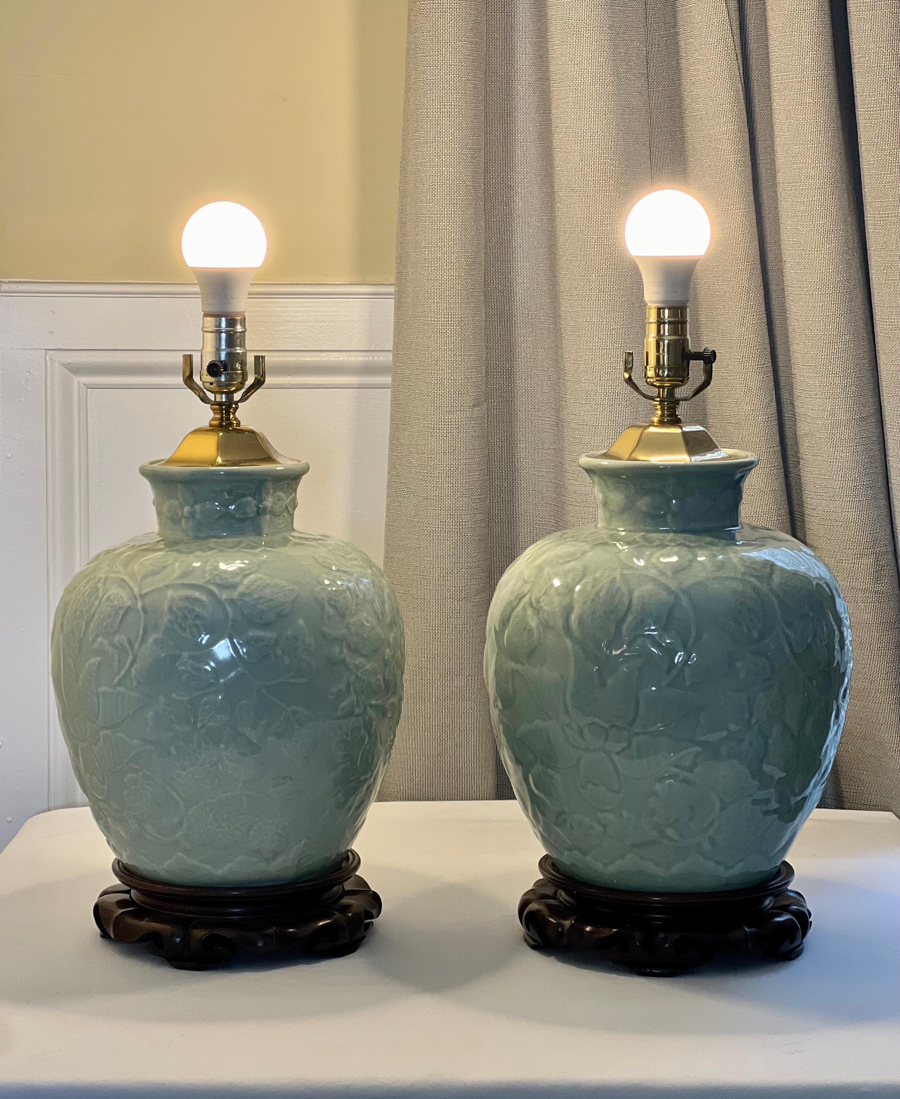 Vintage Chinese Celadon Ginger Jar Style Crackle Glazed Lamps, Pair 6