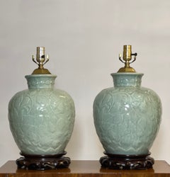 Vintage Chinese Celadon Ginger Jar Style Crackle Glazed Lamps, Pair