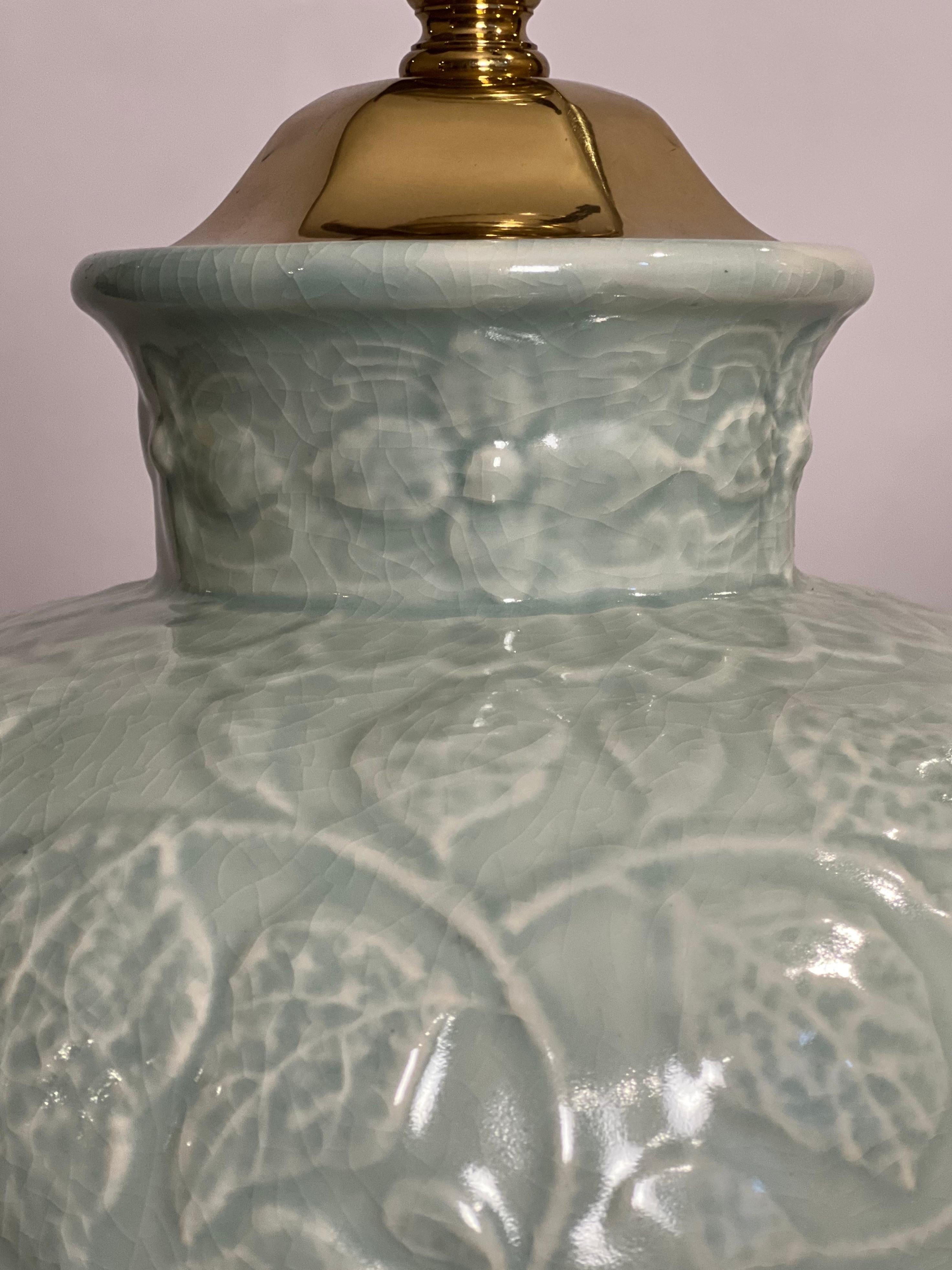 Vintage Chinese Celadon Ginger Jar Style Crackle Glazed Lamps, Pair In Good Condition In Doylestown, PA