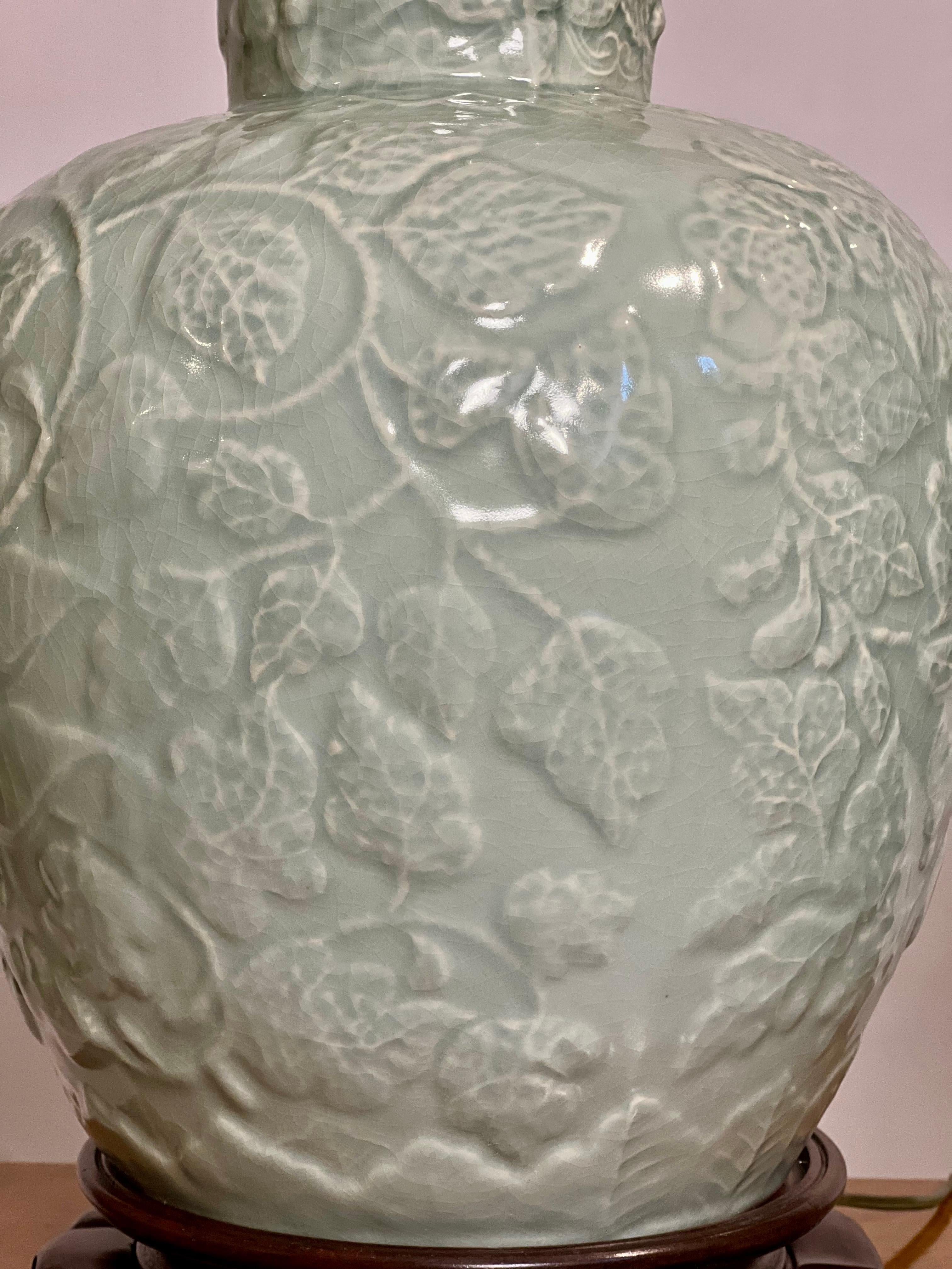 Vintage Chinese Celadon Ginger Jar Style Crackle Glazed Lamps, Pair 1