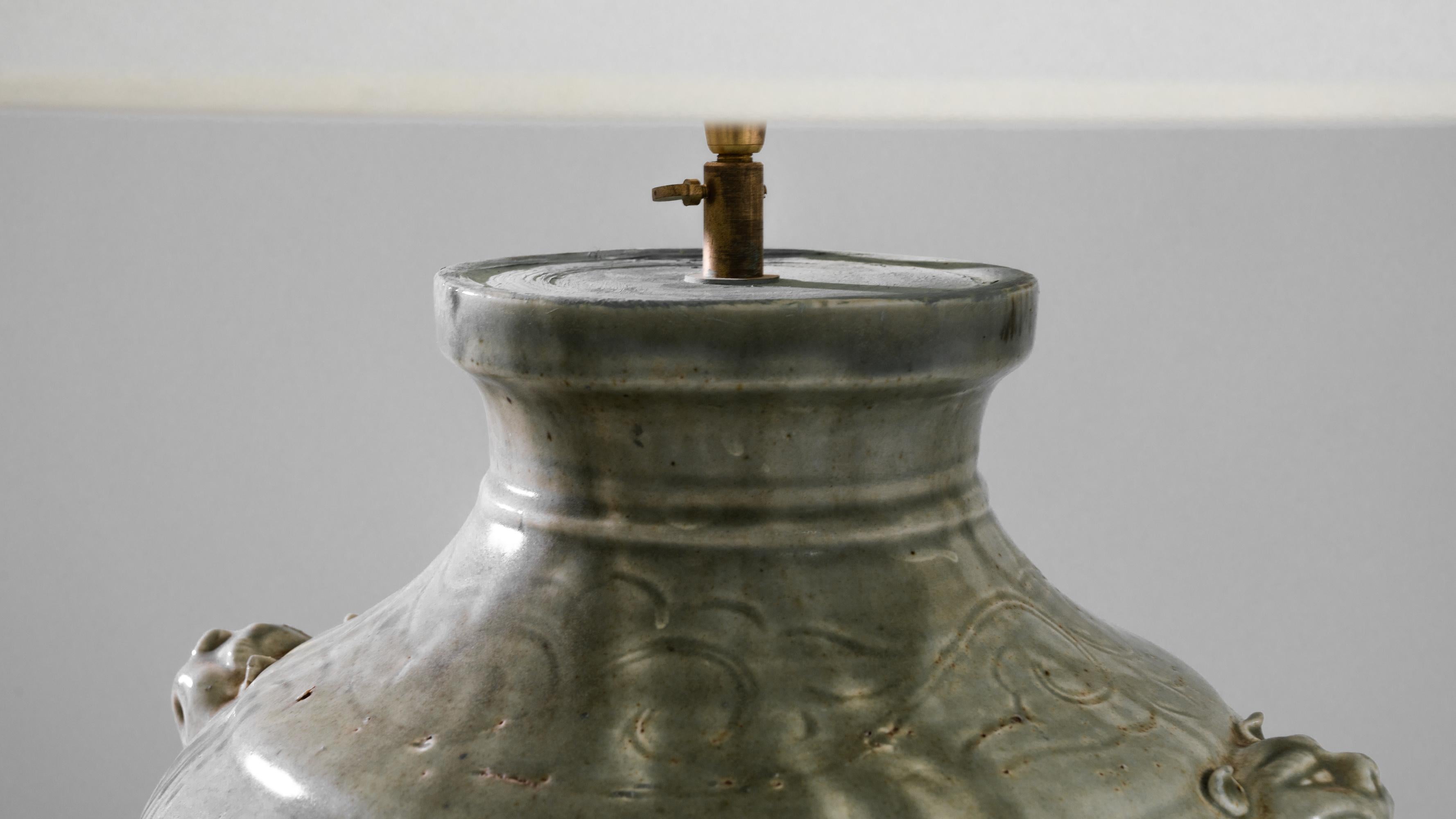 Chinese Export Vintage Chinese Celadon Glazed Dragon Vase Table Lamp
