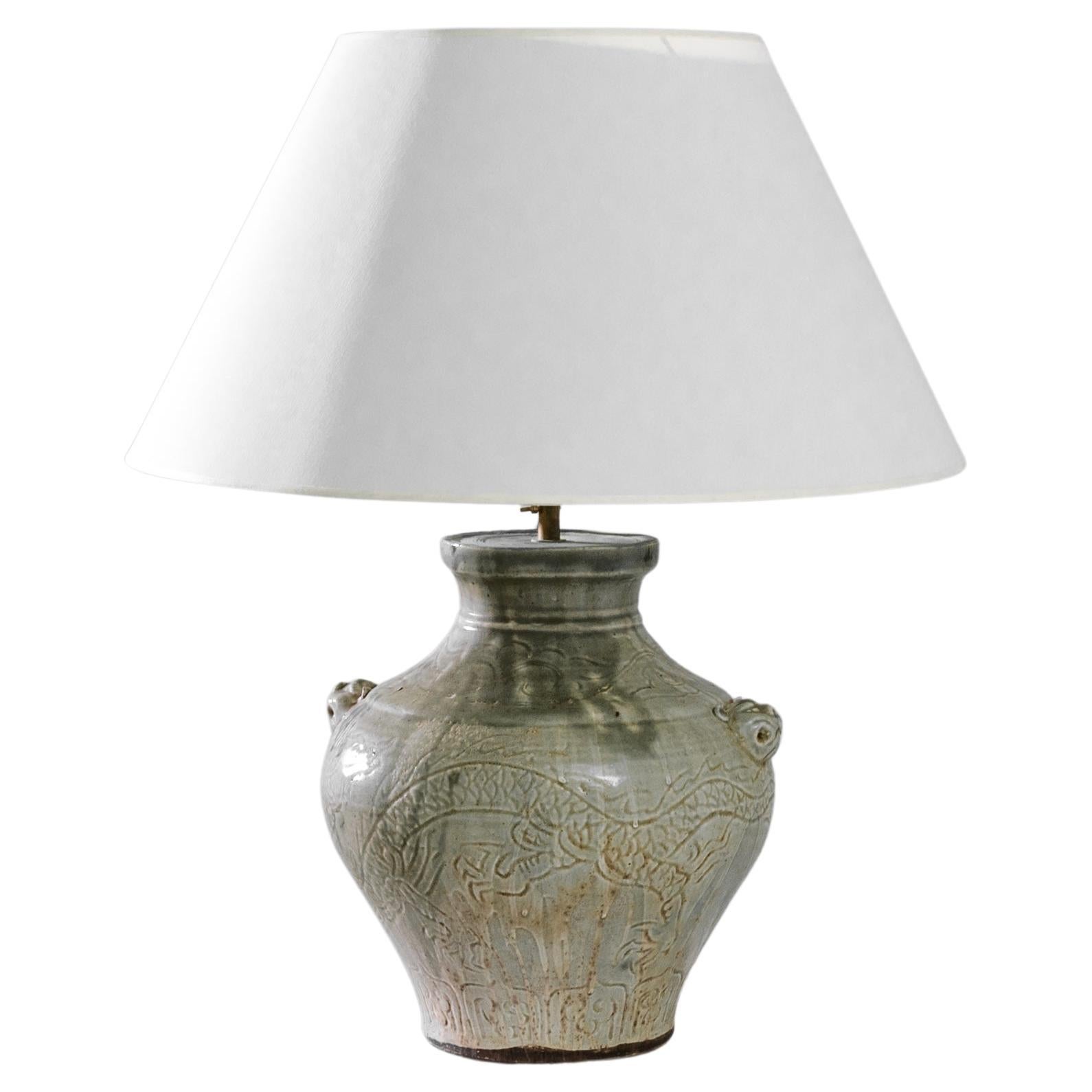 Vintage Chinese Celadon Glazed Dragon Vase Table Lamp
