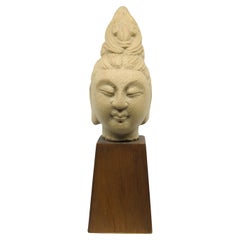 Vintage Chinese Ceramic Bust of Guanyin Kwan Yin Buddha On Wood Stand mid-20c