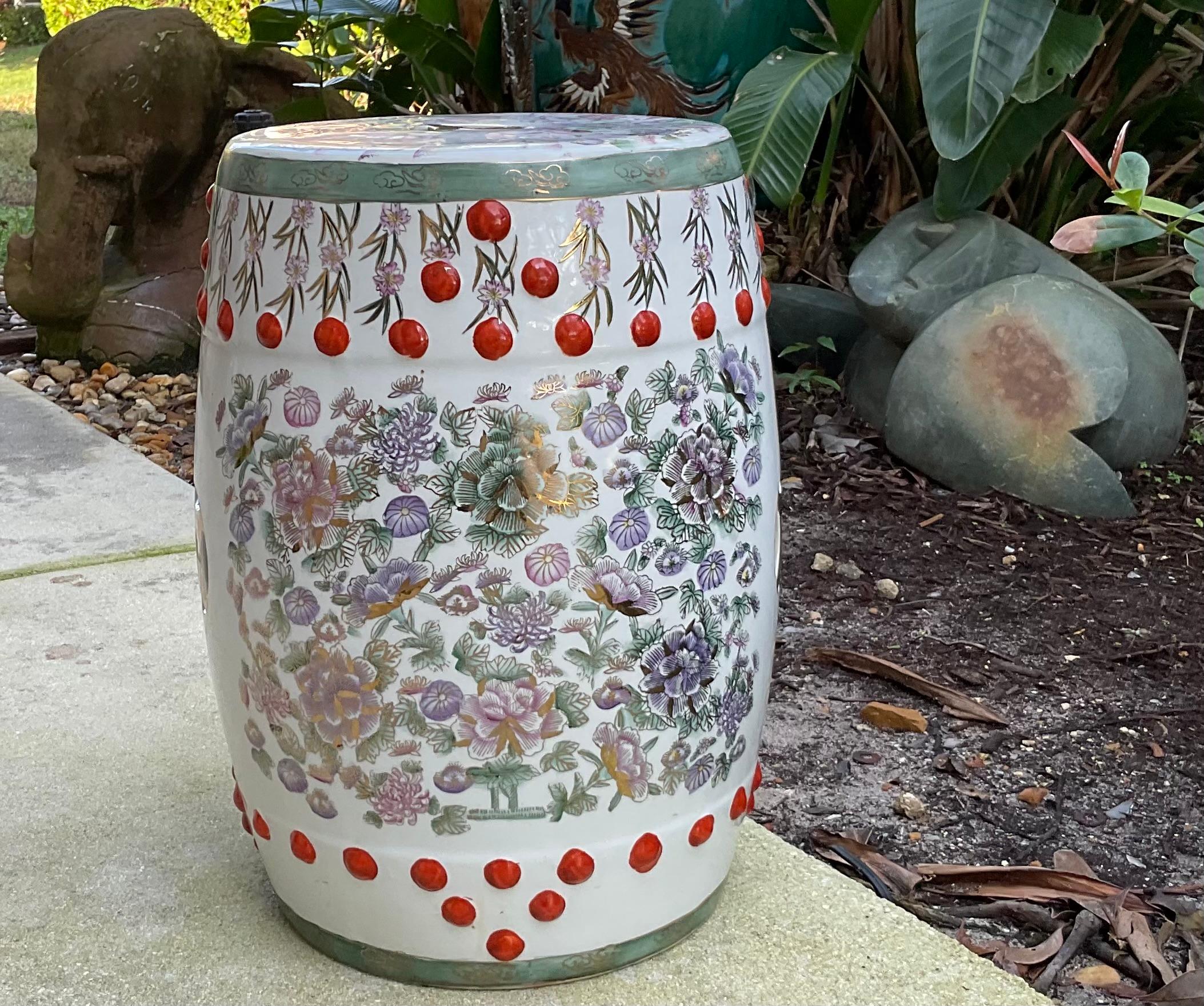 A beautiful  Chinese ceramic garden stool ,Classic barrel shape ,depicting floral garden scenery groups in soft colors. 
Exceptional object of art for display.