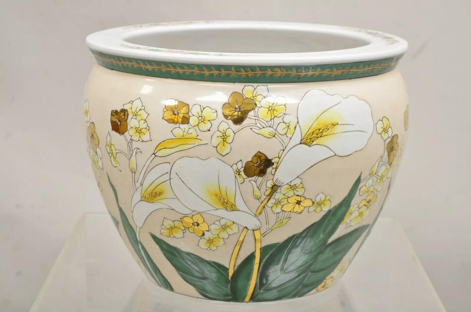 Vintage Chinese Ceramic Jardiniere Cachepot Planter Pot with Fish & Lilies. Circ For Sale 6