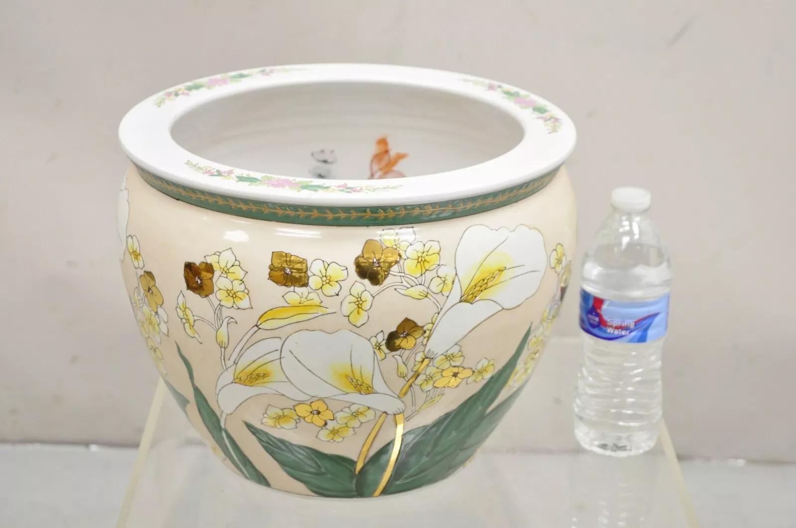 Vintage Chinese Ceramic Jardiniere Cachepot Planter Pot with Fish & Lilies. Circa Late 20th Century. Measurements: 10