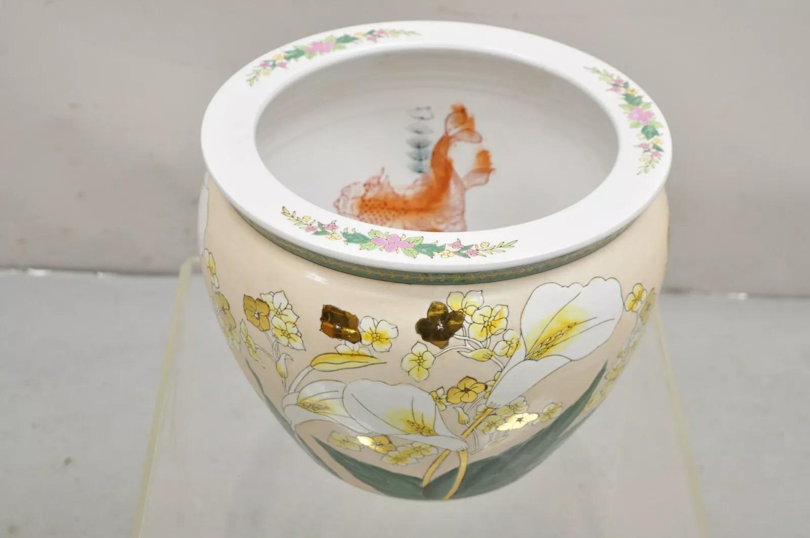 Chinoiserie Vintage Chinese Ceramic Jardiniere Cachepot Planter Pot with Fish & Lilies. Circ For Sale