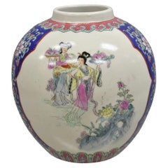 Jarrón Jardinera Bulboso Vintage de Cerámica China de Porcelana Oriental de 9" con Figuras