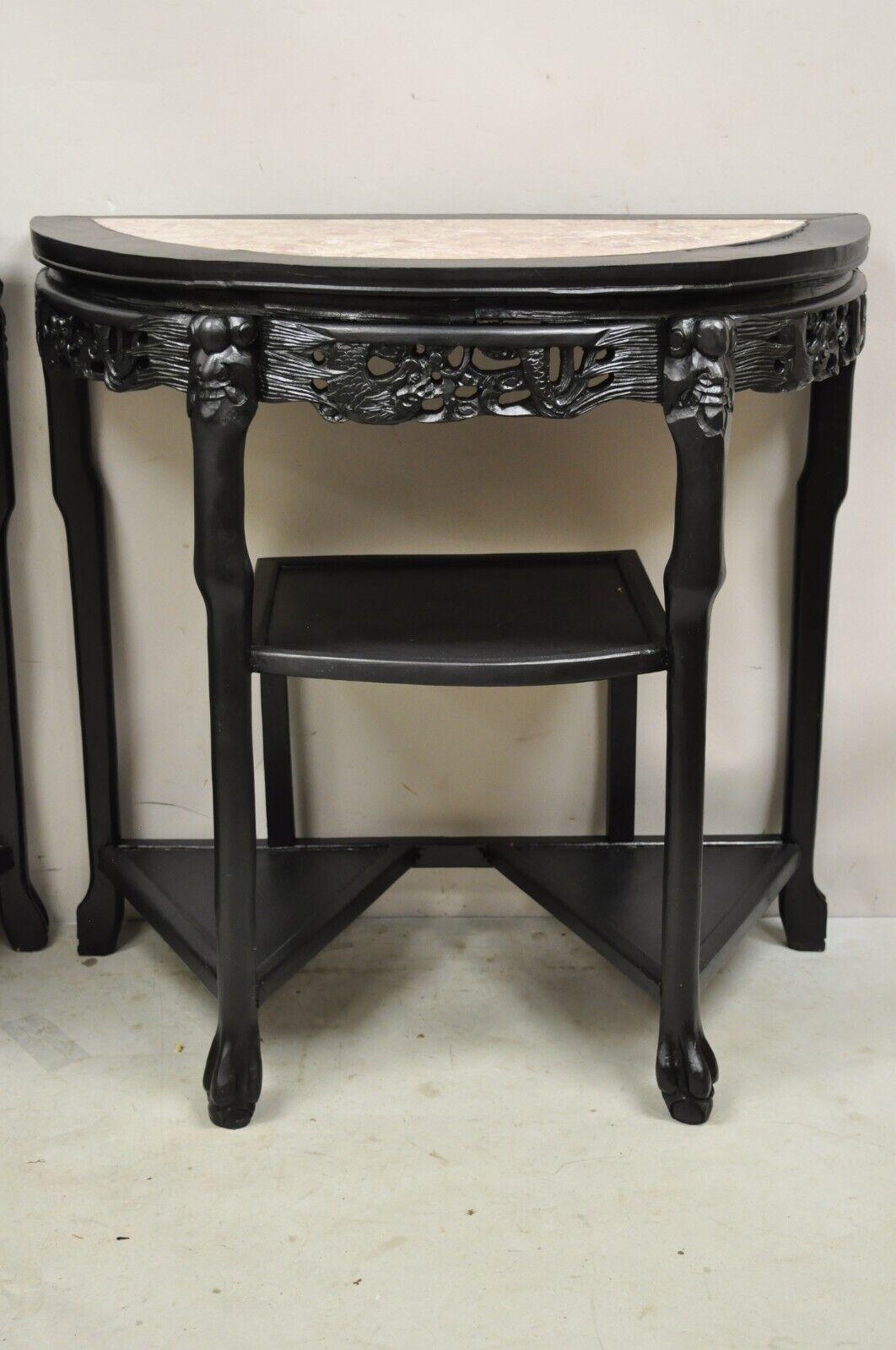 Vintage Chinese Chinoiserie Black Demilune Pink Marble Console Table - a Pair For Sale 8