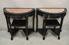 Vintage Chinese Chinoiserie Black Demilune Pink Marble Console Table - a Pair
