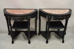 Vintage Chinese Chinoiserie Black Demilune Pink Marble Console Table - a Pair