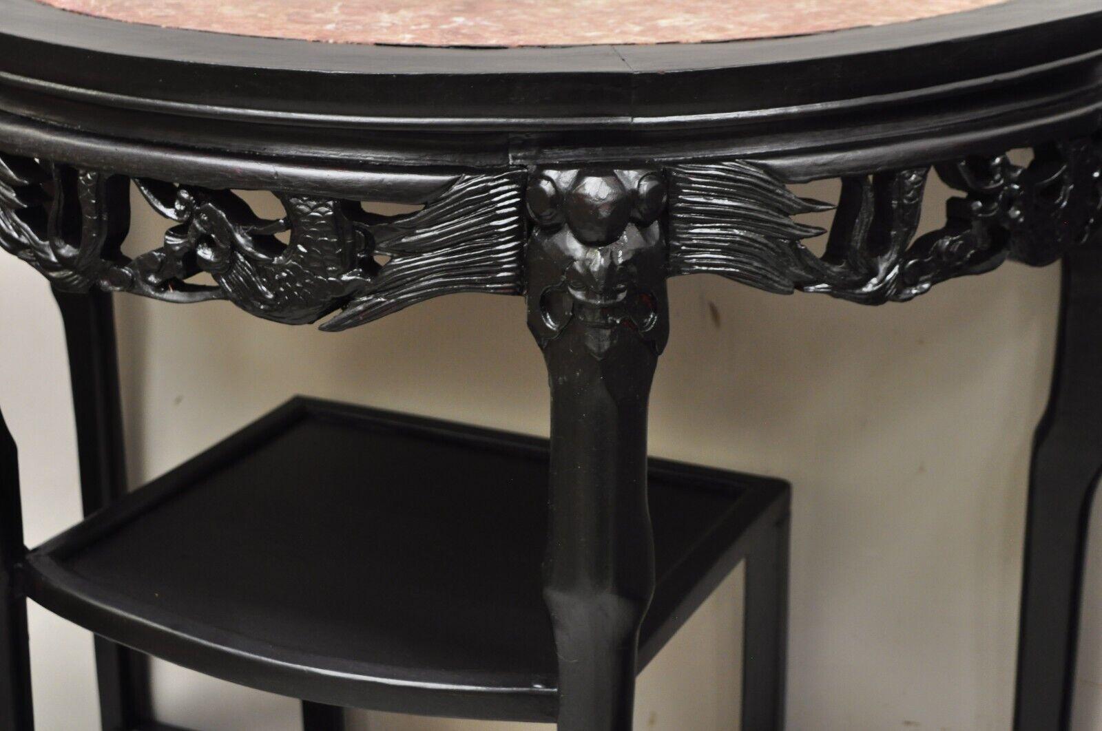 Vintage Chinese Chinoiserie Black Demilune Pink Marble Console Table - a Pair For Sale 1