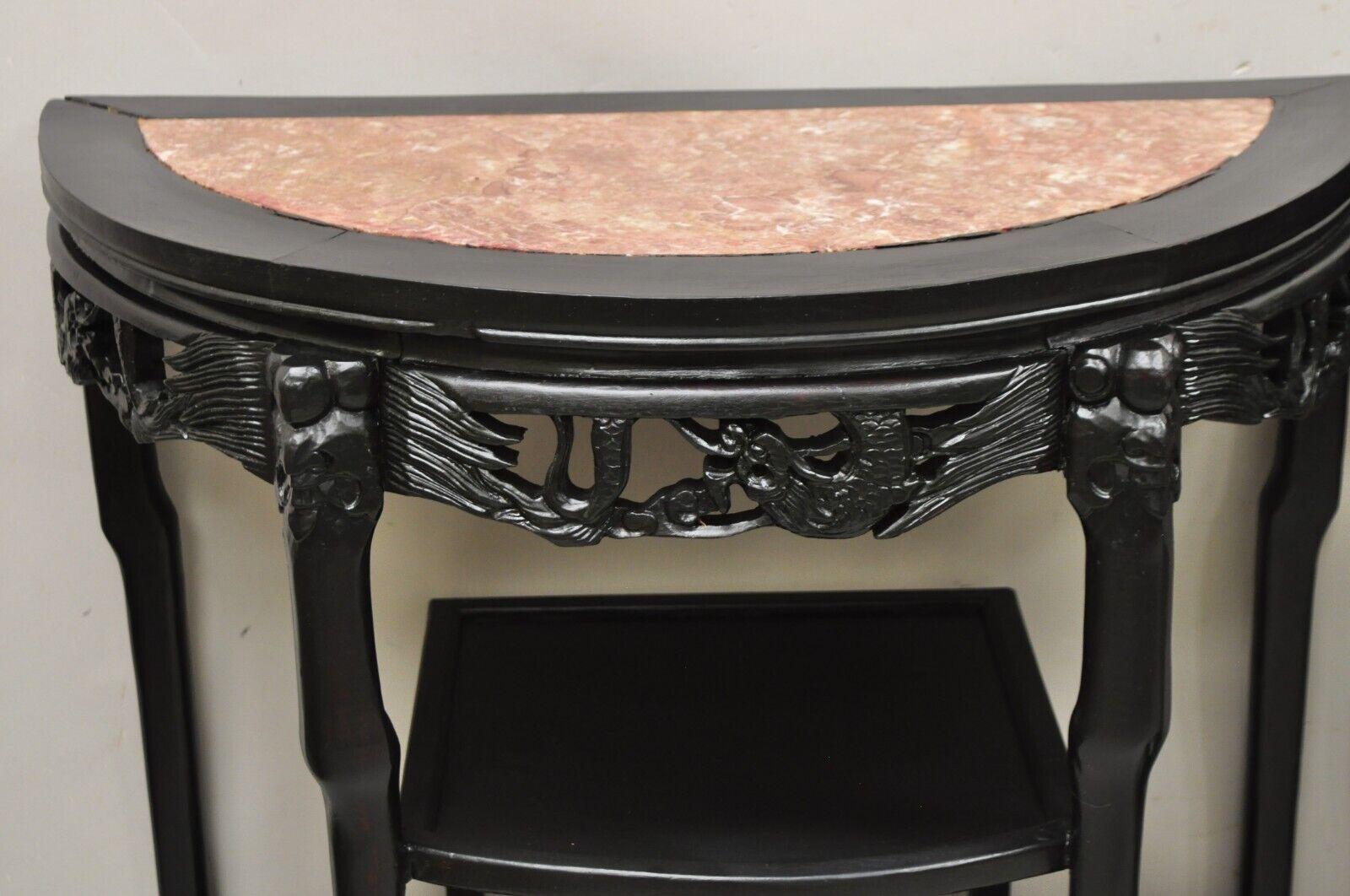 Vintage Chinese Chinoiserie Black Demilune Pink Marble Console Table - a Pair For Sale 3