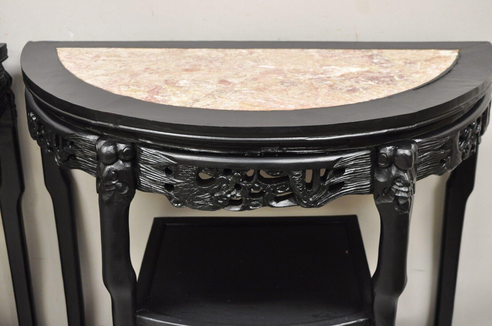 Vintage Chinese Chinoiserie Black Demilune Pink Marble Console Table - a Pair For Sale 4