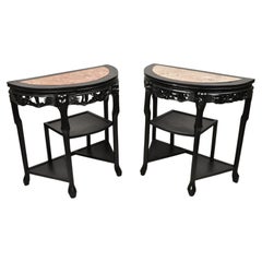 Retro Chinese Chinoiserie Black Demilune Pink Marble Console Table - a Pair