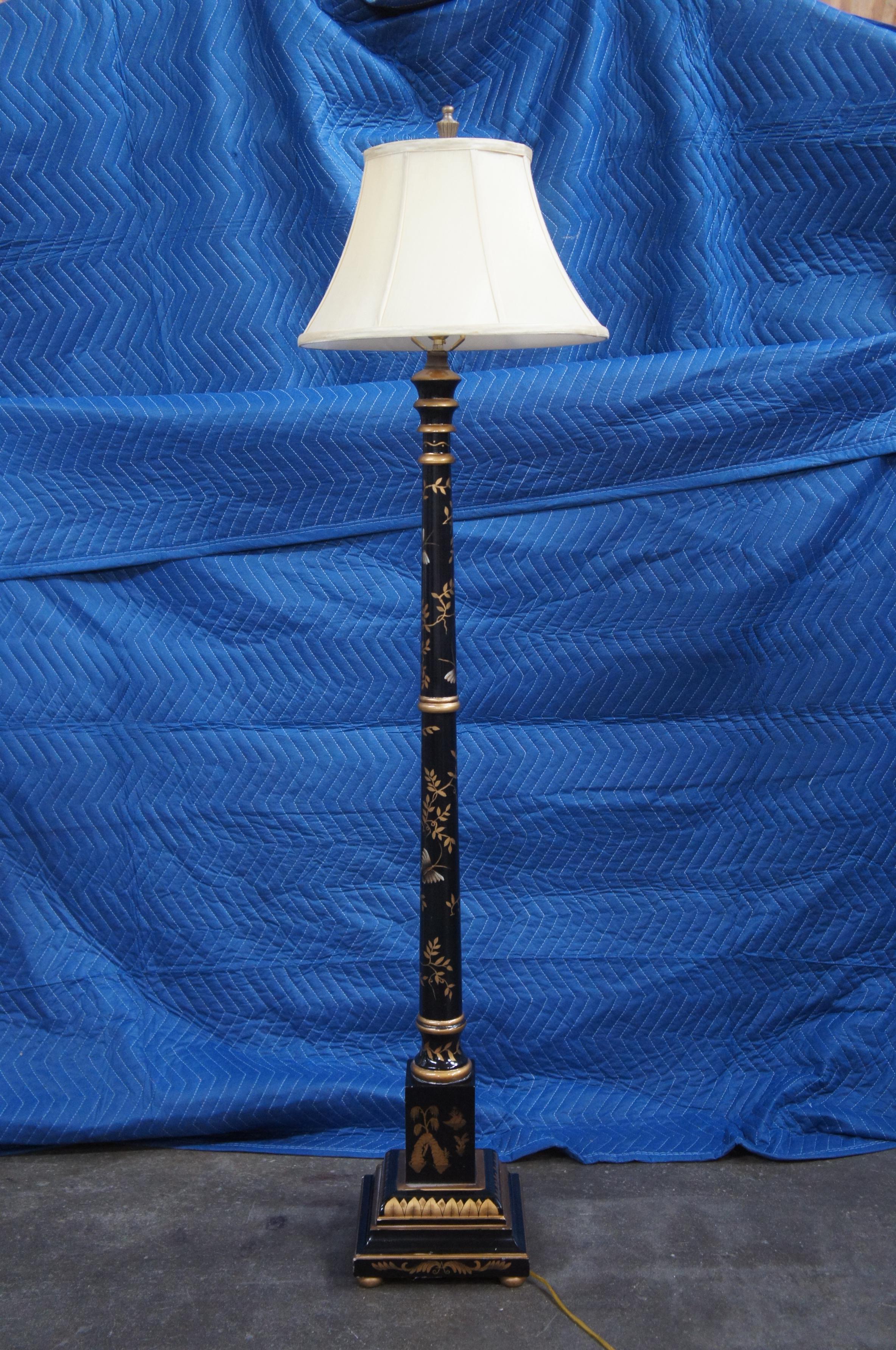 Vintage Chinese Chinoiserie Black Lacquered Gold Accent Butterfly Floor Lamp 5
