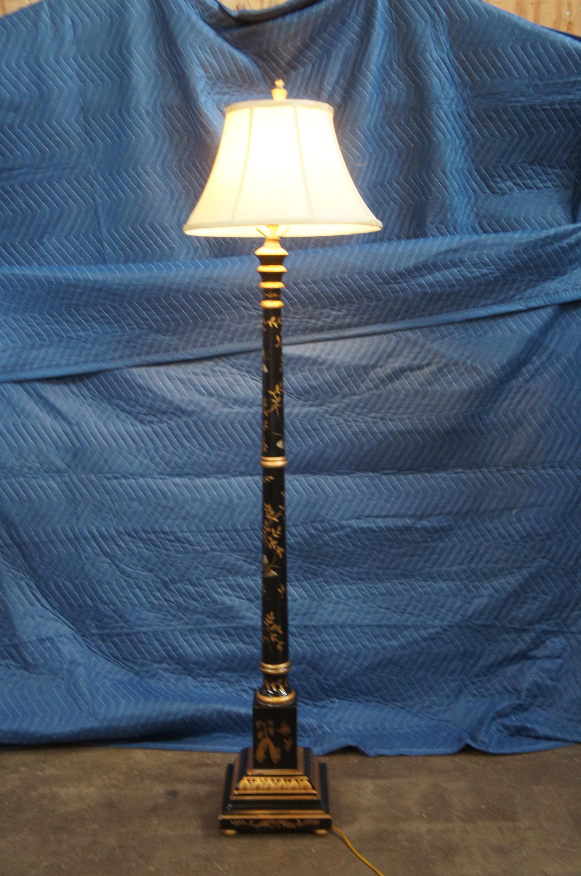 Vintage Chinese Chinoiserie Black Lacquered Gold Accent Butterfly Floor Lamp 6