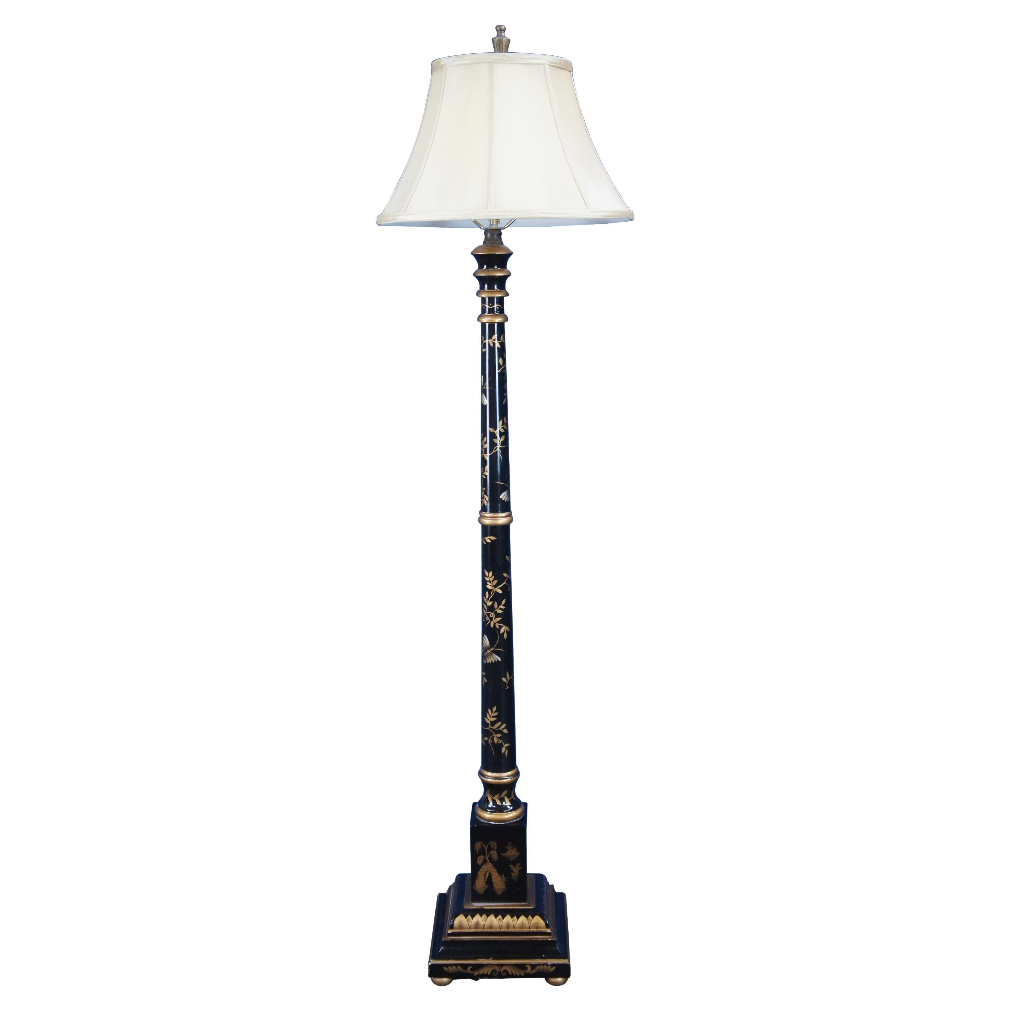 Vintage Chinese Chinoiserie Black Lacquered Gold Accent Butterfly Floor Lamp