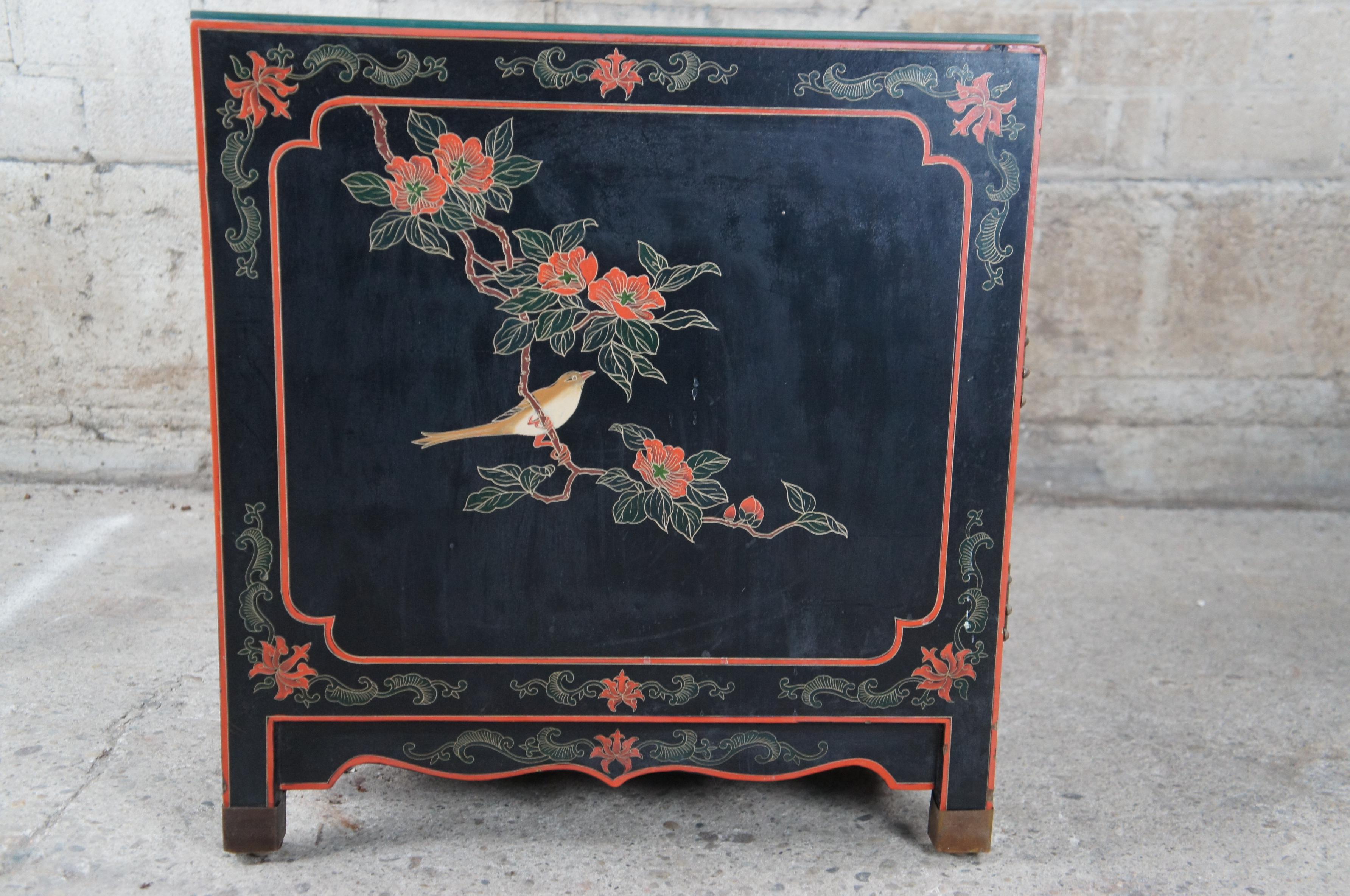 Vintage Chinese Chinoiserie Black Lacquered Painted Square Side Table Cabinet 24 6