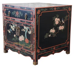 Vintage Chinese Chinoiserie Black Lacquered Painted Square Side Table Cabinet 24
