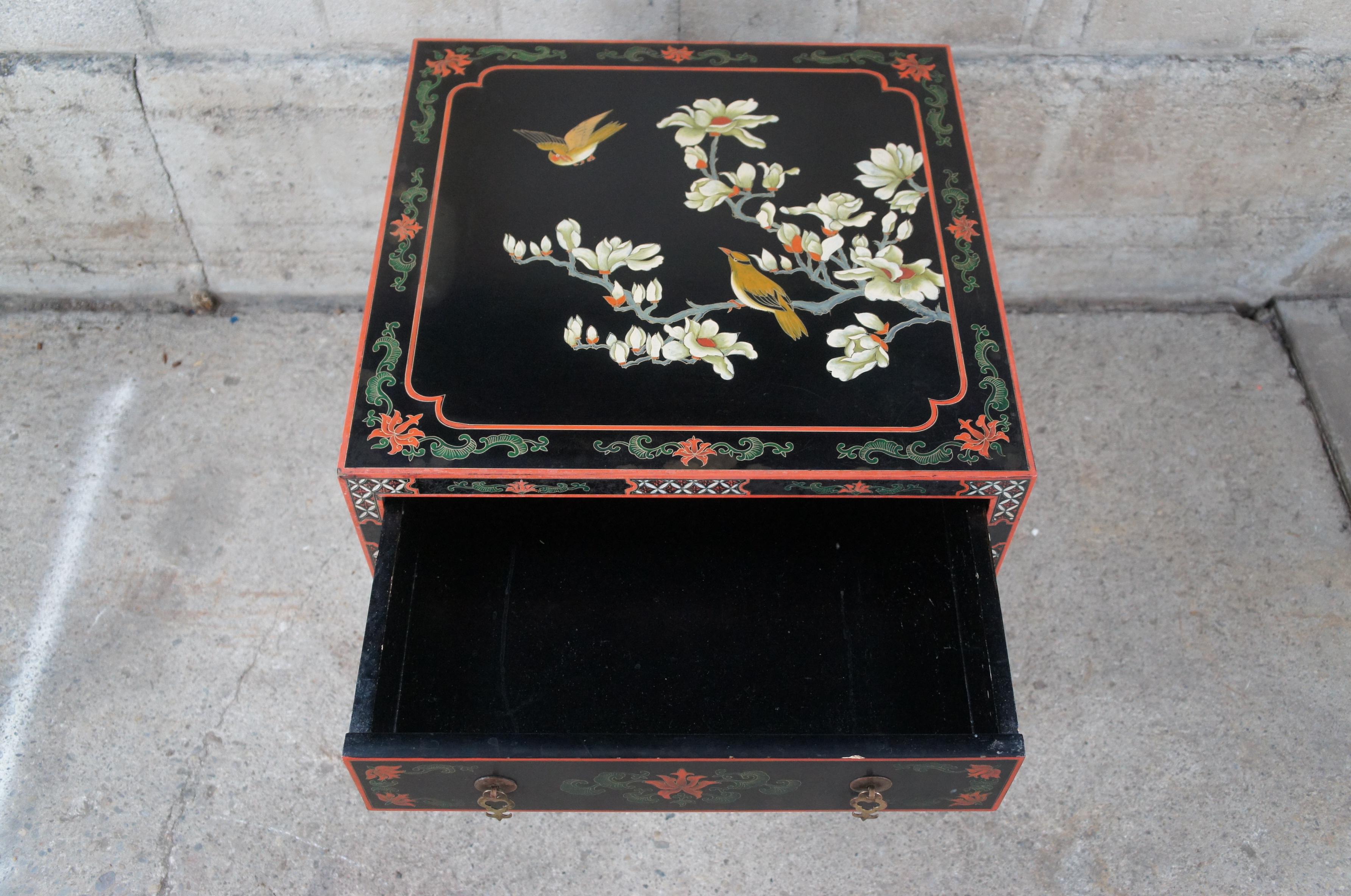 Vintage Chinese Chinoiserie Black Lacquered Painted Square Side Table Cabinet 24 2