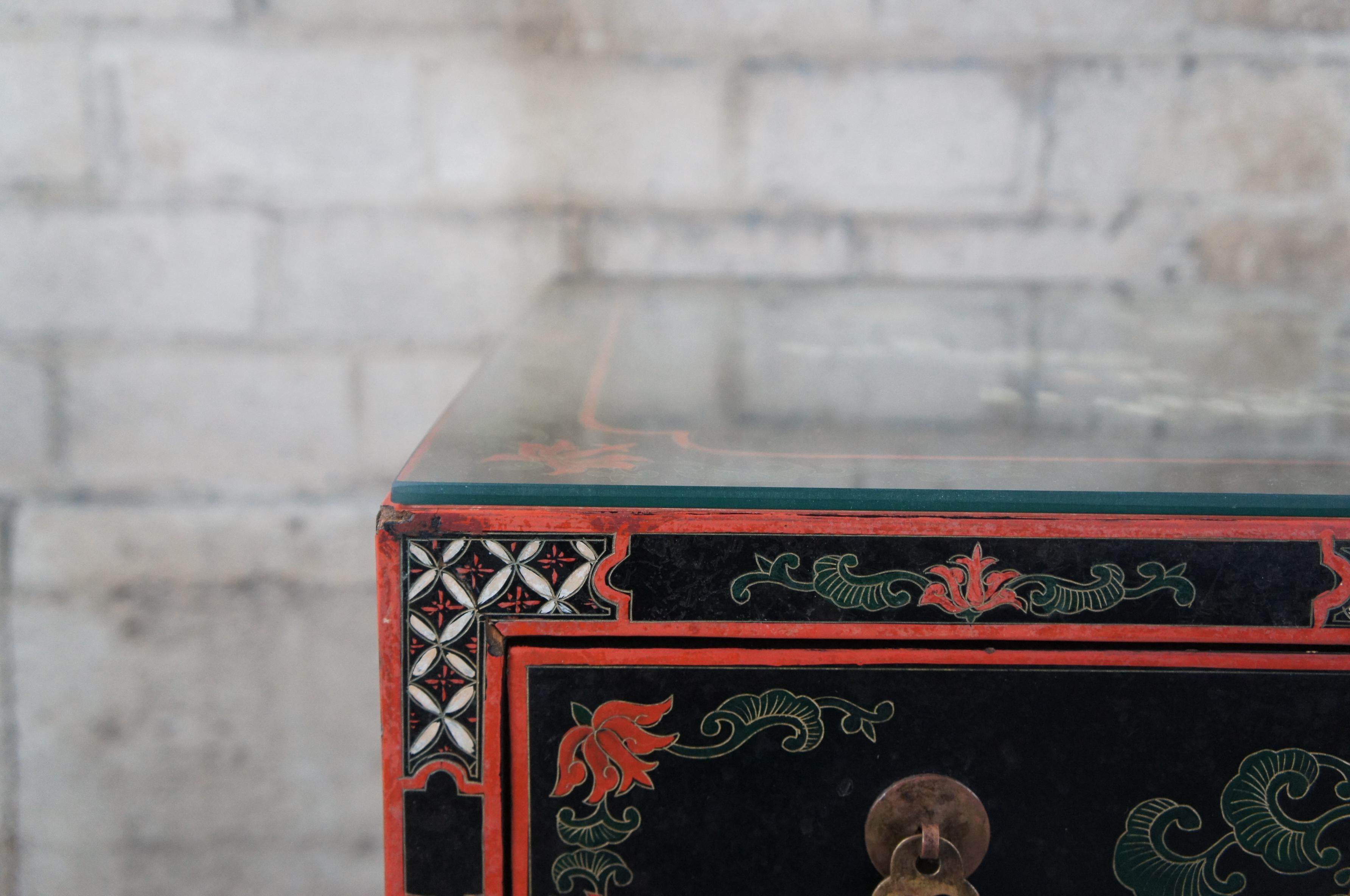Vintage Chinese Chinoiserie Black Lacquered Painted Square Side Table Cabinet 24 3