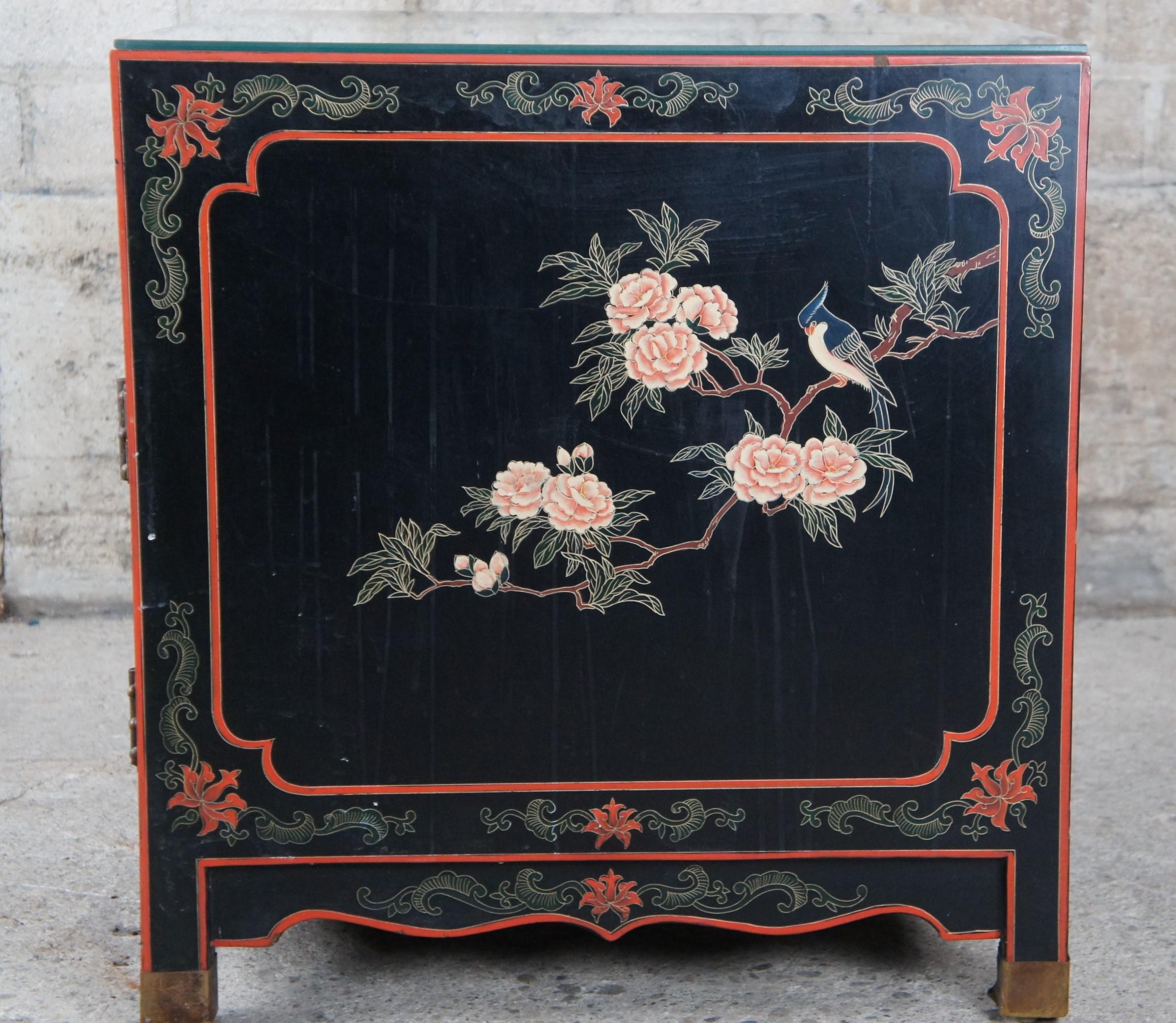 Vintage Chinese Chinoiserie Black Lacquered Painted Square Side Table Cabinet 24 4