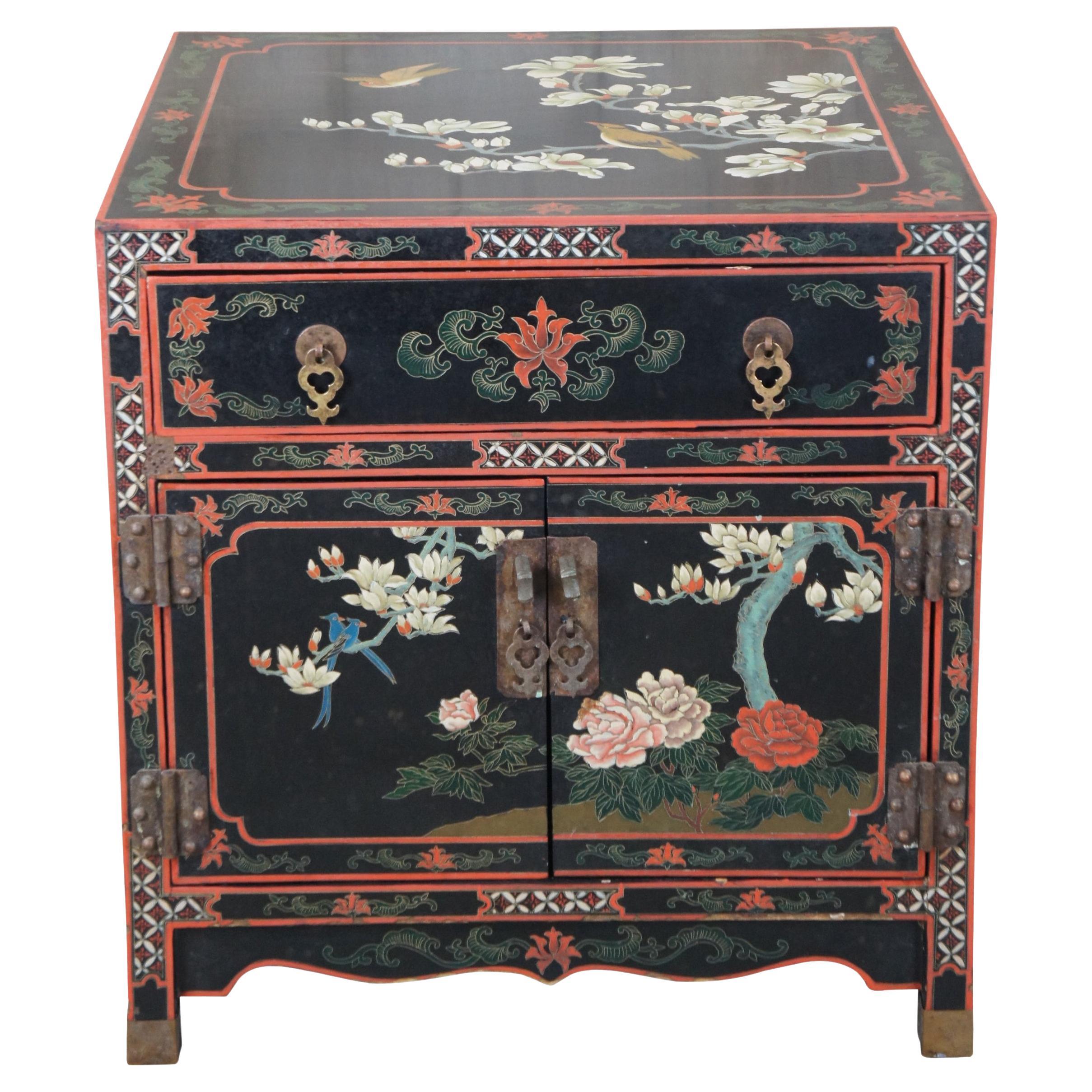 Vintage Chinese Chinoiserie Black Lacquered Painted Square Side Table Cabinet 24
