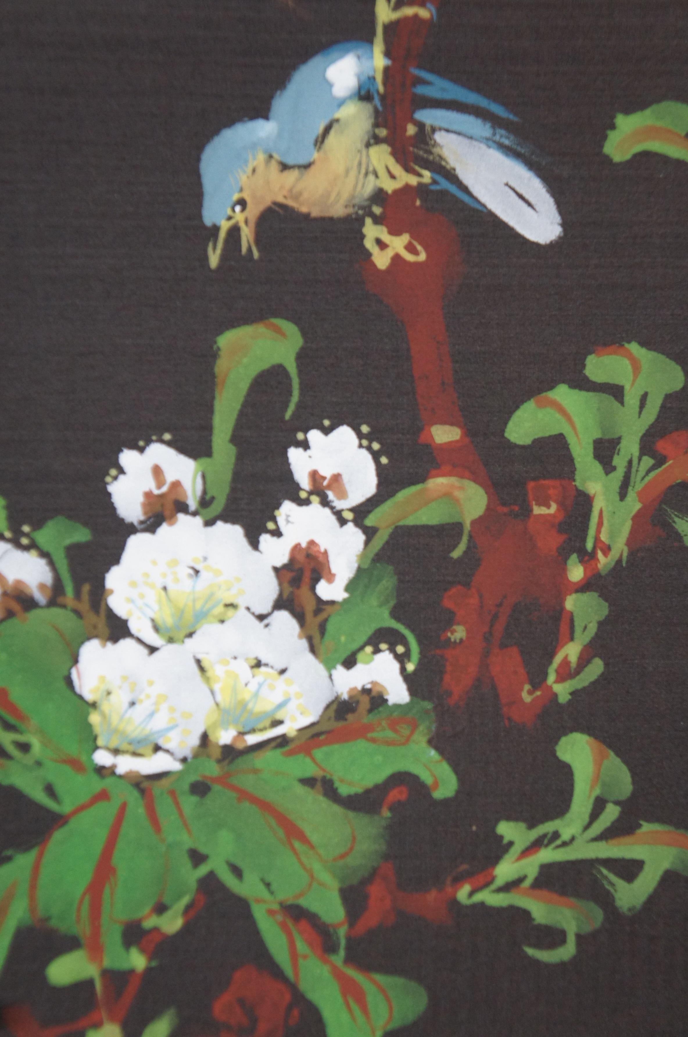 Vintage Chinese Chinoiserie Black Silk Floral Birds Oil Painting Panel For Sale 6