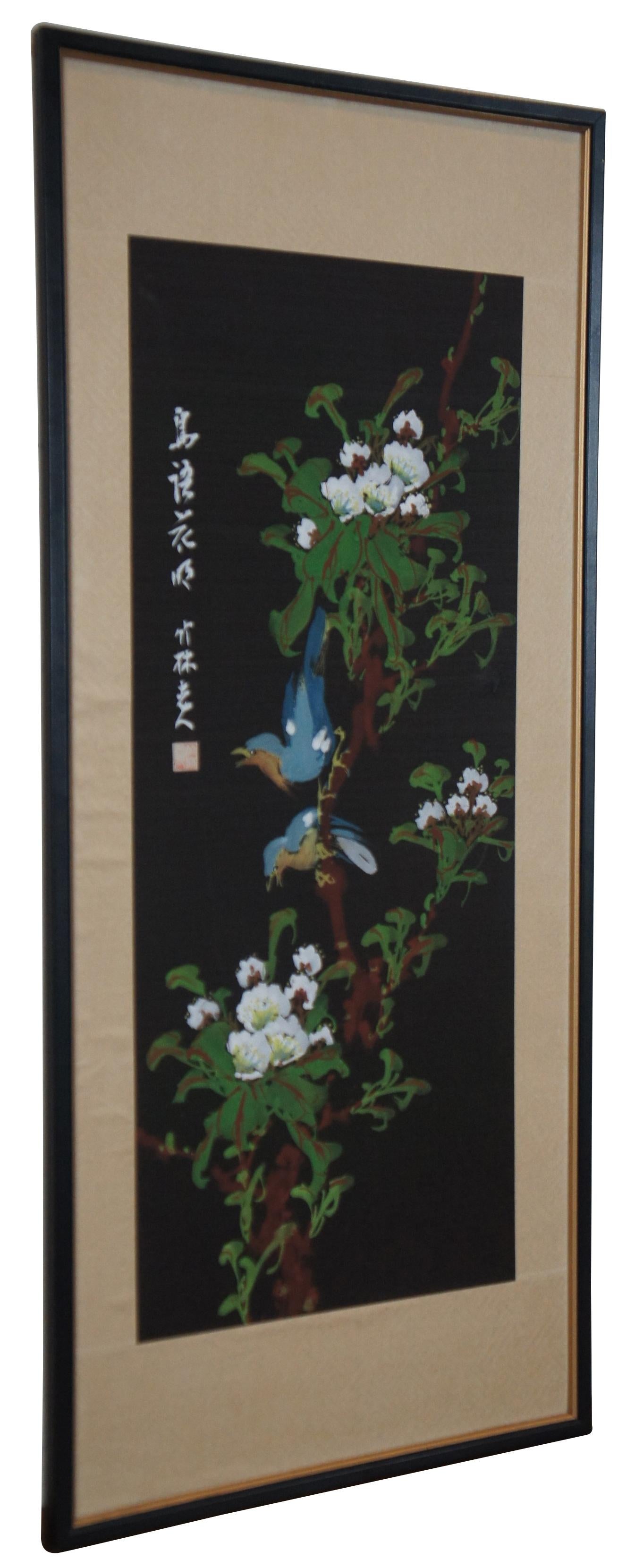 Vintage Chinese Chinoiserie Black Silk Floral Birds Oil Painting Panel In Good Condition For Sale In Dayton, OH