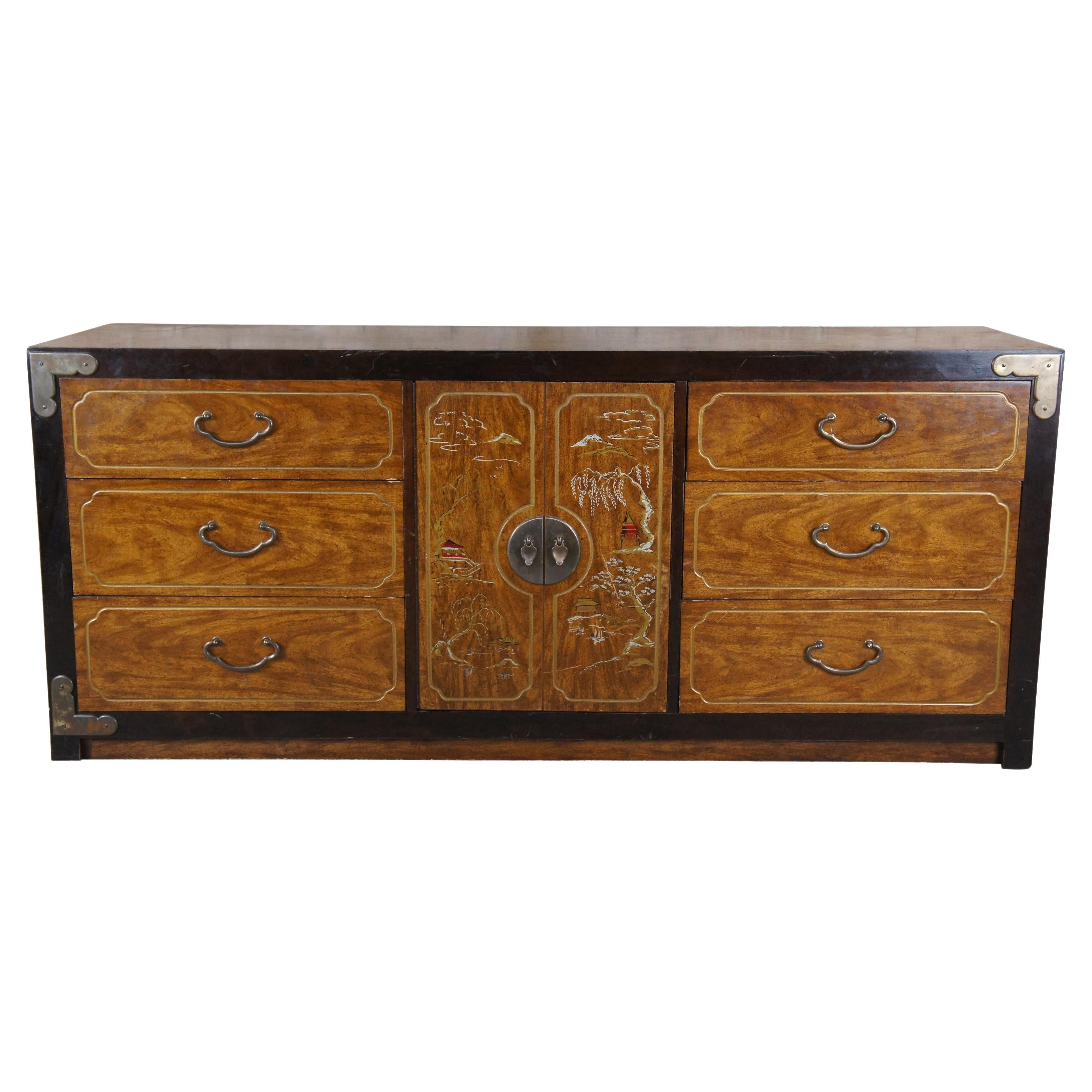 Vintage Chinese Chinoiserie Campaign Buffet Sideboard Credenza Dresser 70"