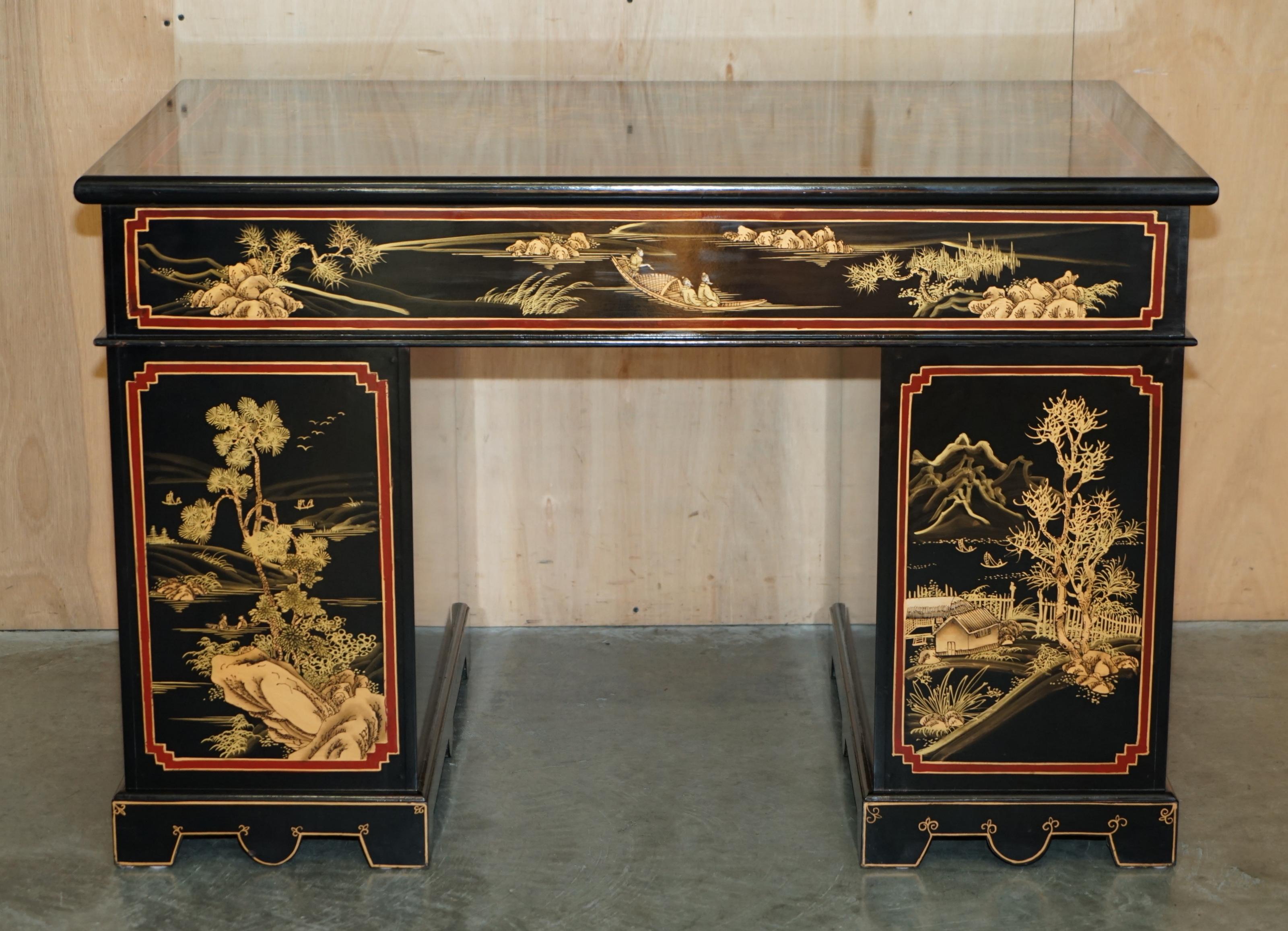VINTAGE CHiNESE CHINOISERIE DECORATED PAINTED & LACQUERED PEDESTAL DESK & CHAIR For Sale 5