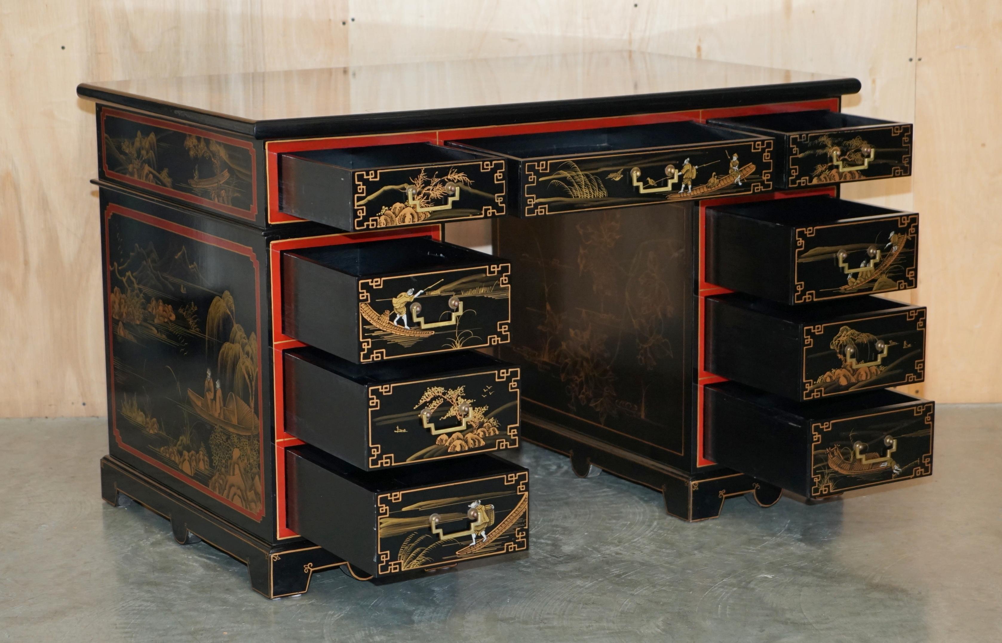 VINTAGE CHiNESE CHINOISERIE DECORATED PAINTED & LACQUERED PEDESTAL DESK & CHAIR For Sale 7