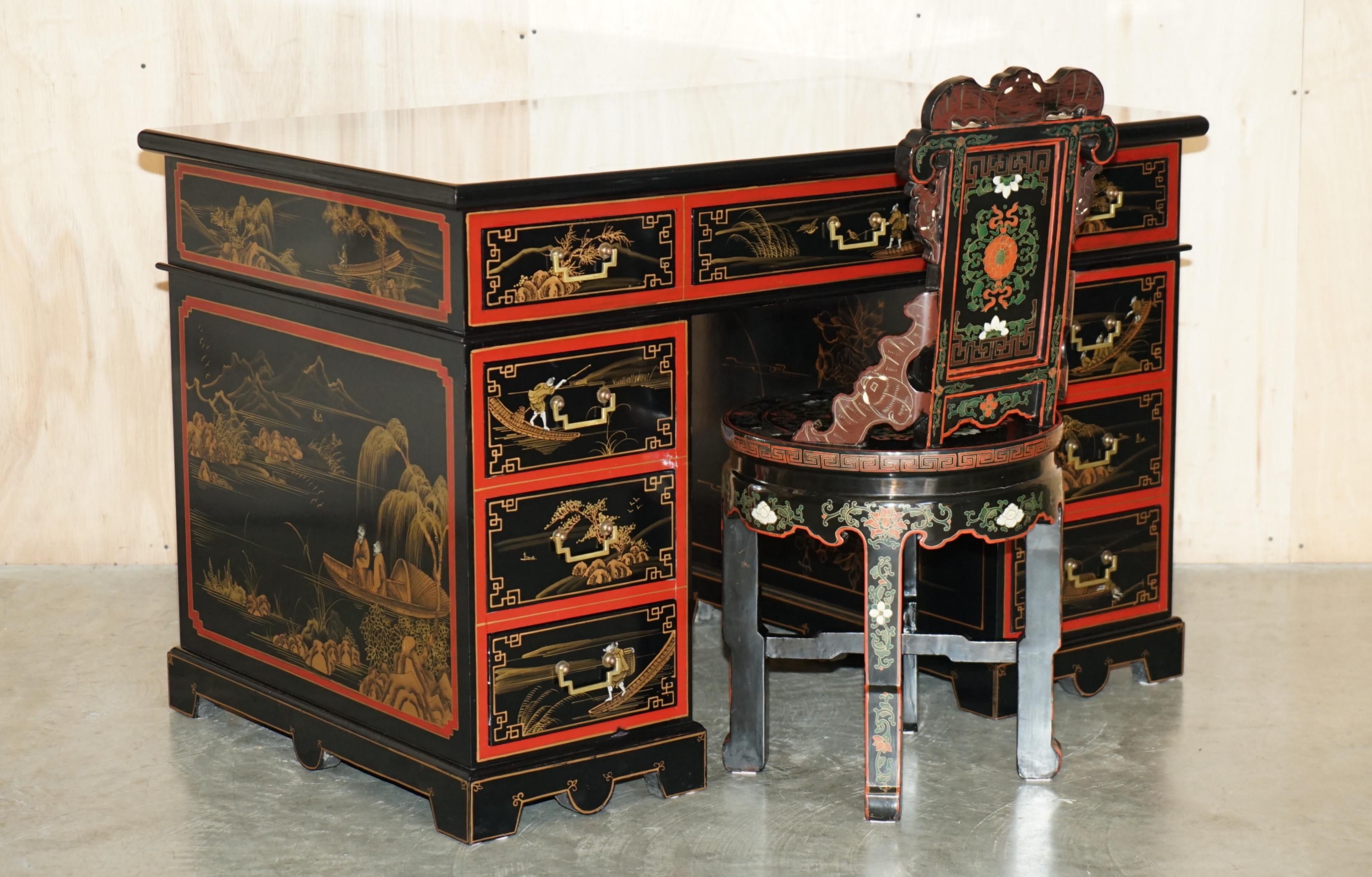 Royal House Antiques

Royal House Antiques is delighted to offer for sale this lovely vintage Chinese Chinoiserie decorated twin pedestal desk and matching chair which have both been ornately painted and lacquered 

Please note the delivery fee