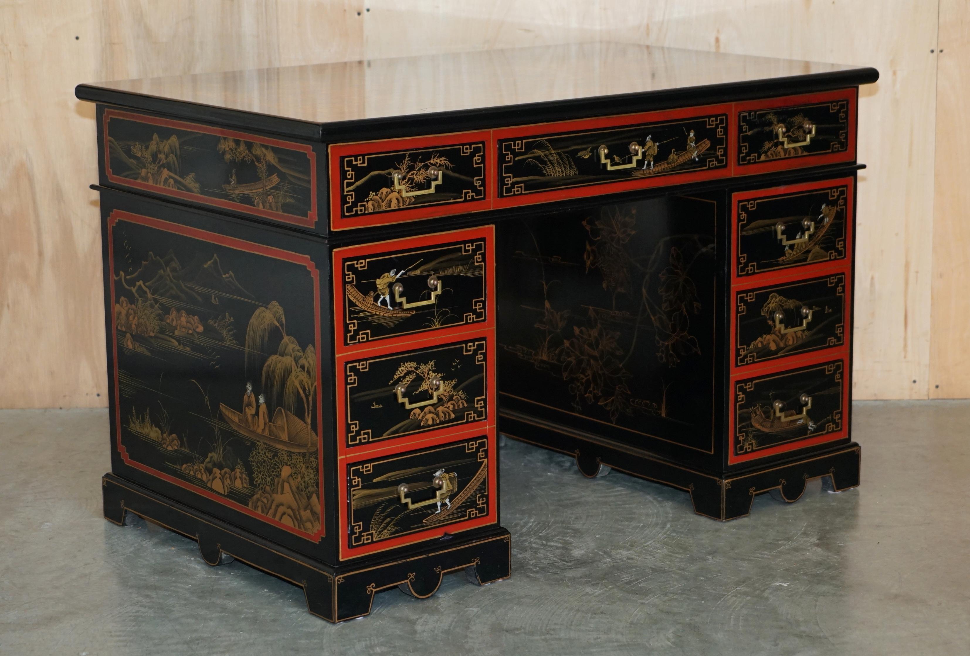 Chinoiserie VINTAGE CHiNESE CHINOISERIE DECORATED PAINTED & LACQUERED PEDESTAL DESK & CHAIR For Sale