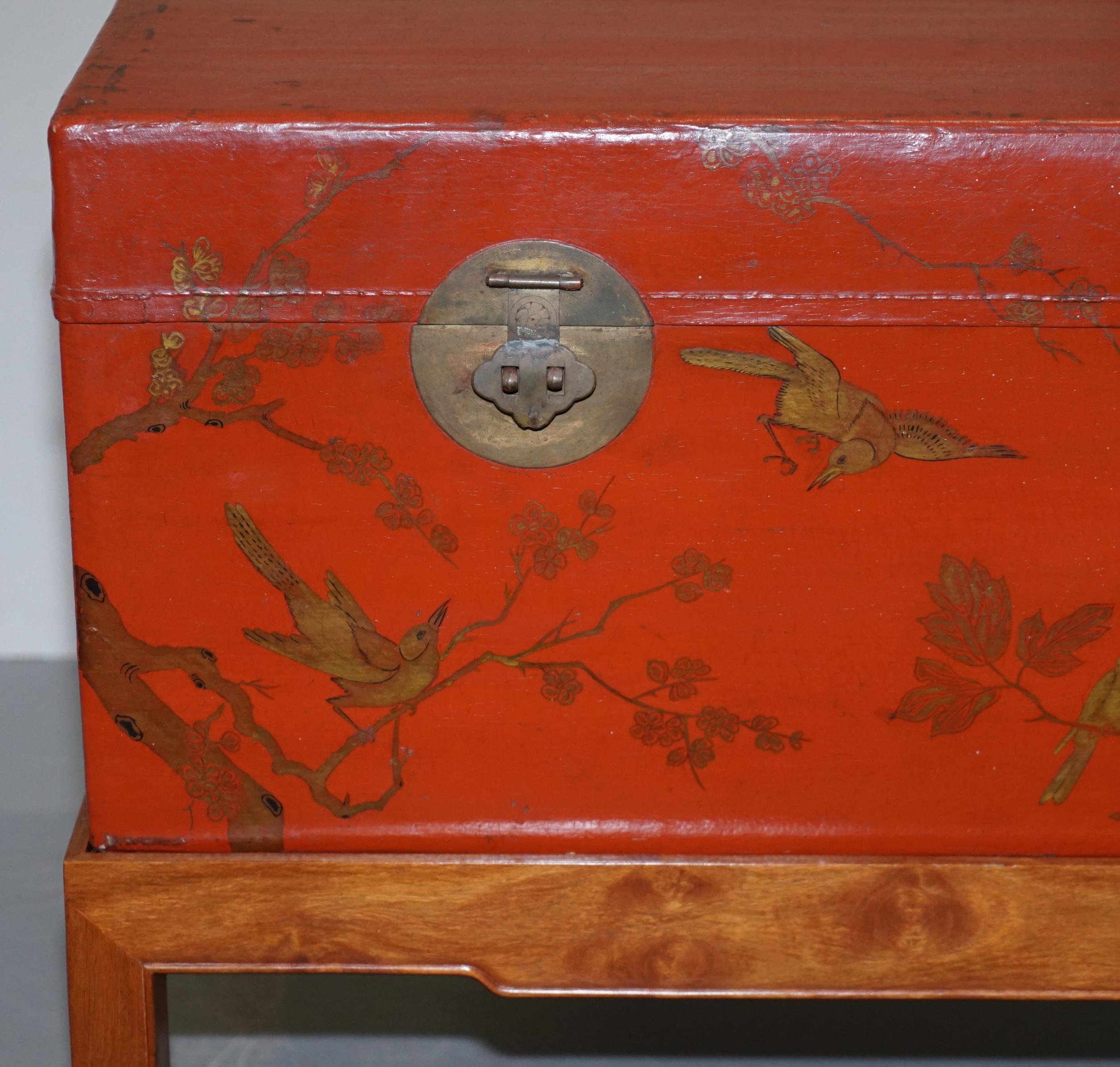Vintage Chinese Chinoiserie Hand Painted Luggage Coffee Table Lots Storage Space For Sale 4