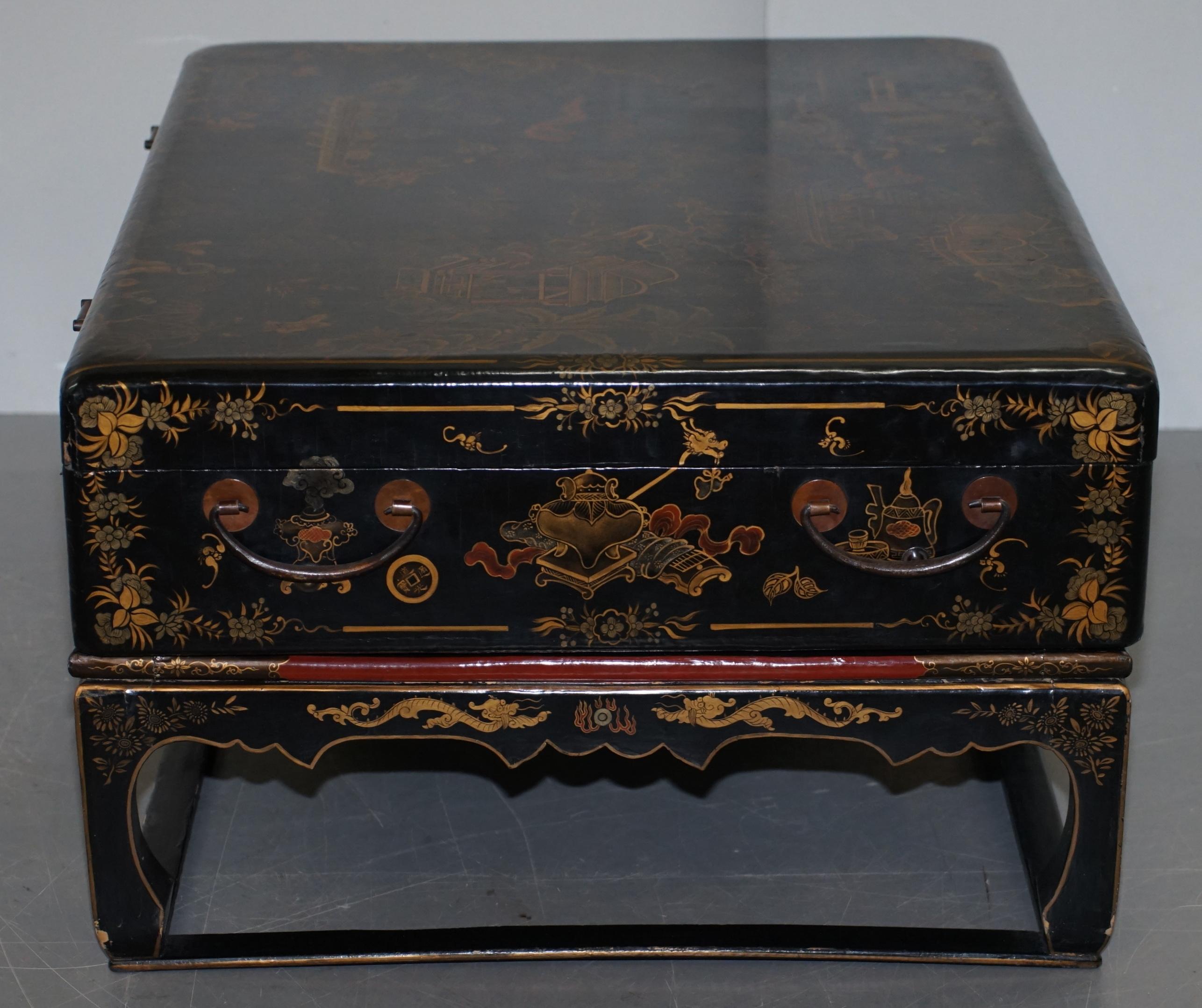 Vintage Chinese Chinoiserie Hand Painted Luggage Coffee Table Lots Storage Space 11