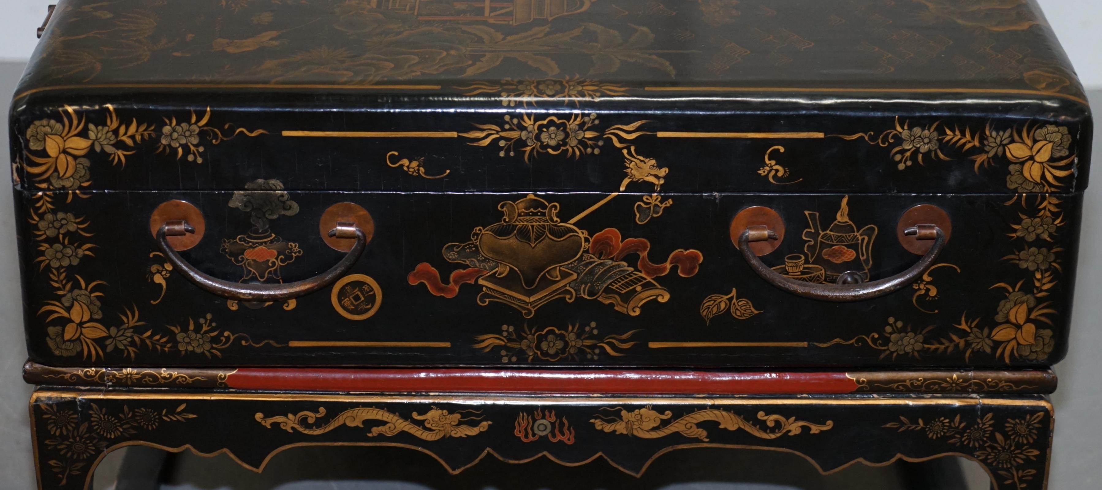 Vintage Chinese Chinoiserie Hand Painted Luggage Coffee Table Lots Storage Space 12